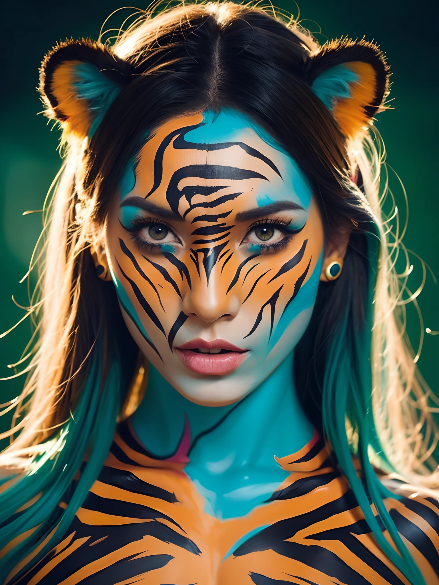 woman with tiger body paint, inspired by Alberto Seveso, beautiful digital artwork, gorgeous digital art, intricate body, full body art, psychedelic goddess, professional body paint, full