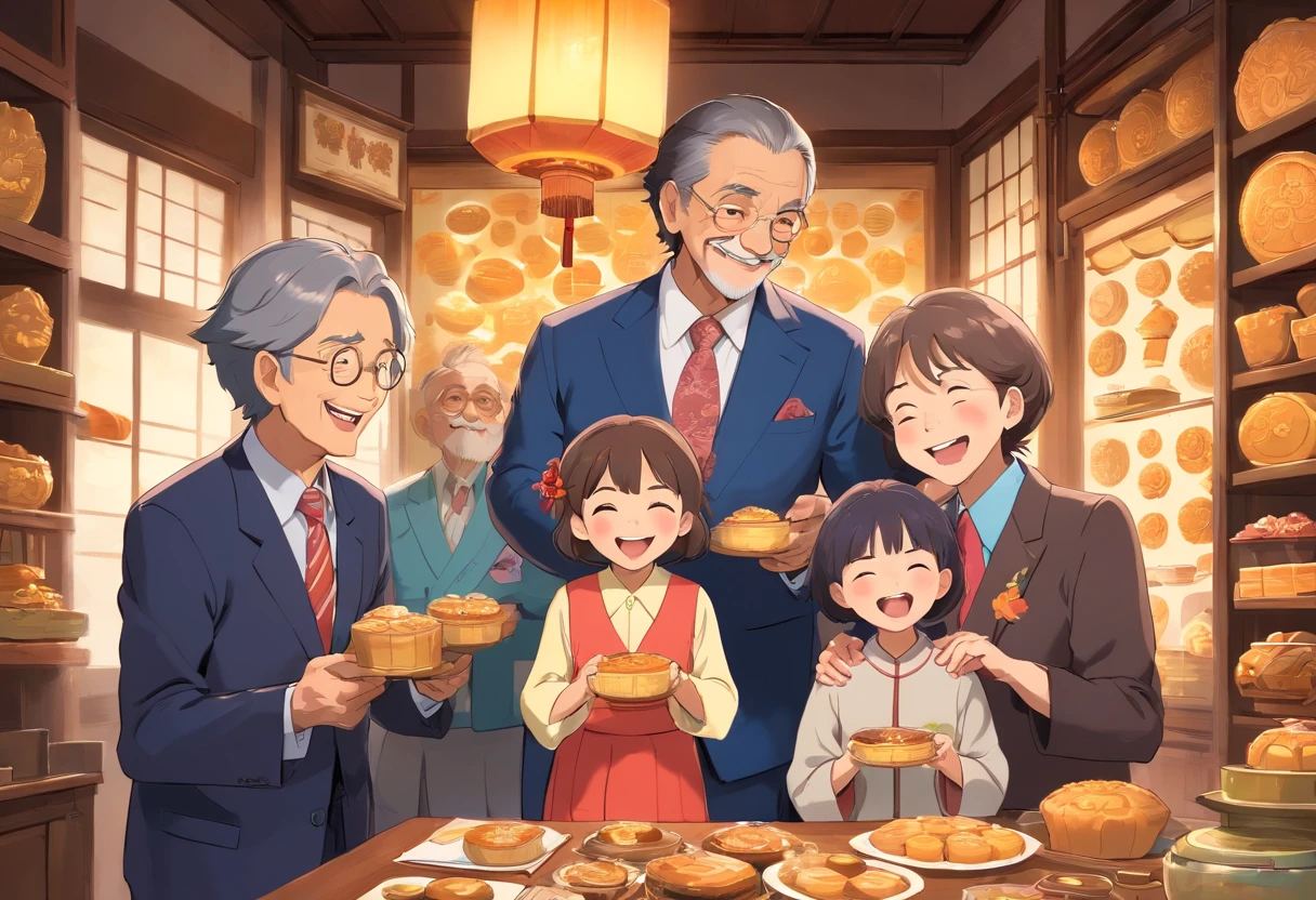 The whole family eats mooncakes at home,Dad and mom laugh with kids,Grandpa in a suit and grandma,colorful kids book illustration,White basemap,
