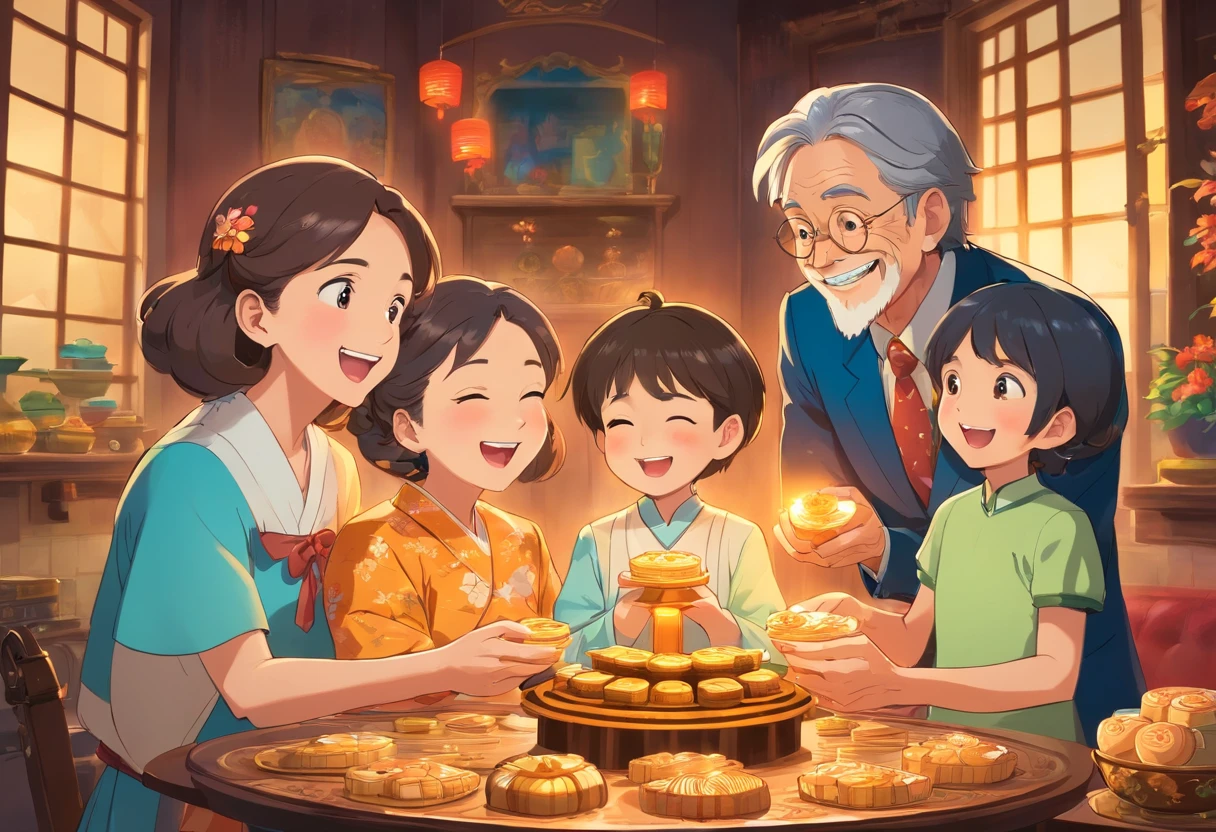 The whole family eats mooncakes at home,Dad and mom laugh with kids,Grandpa in a suit and grandma,colorful kids book illustration,White basemap,