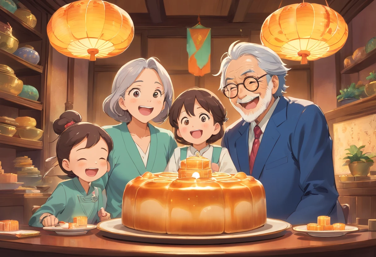 The whole family eats mooncakes at home，Dad and mom laugh with kids，Grandpa in a suit and grandma，colorful kids book illustration，White basemap，