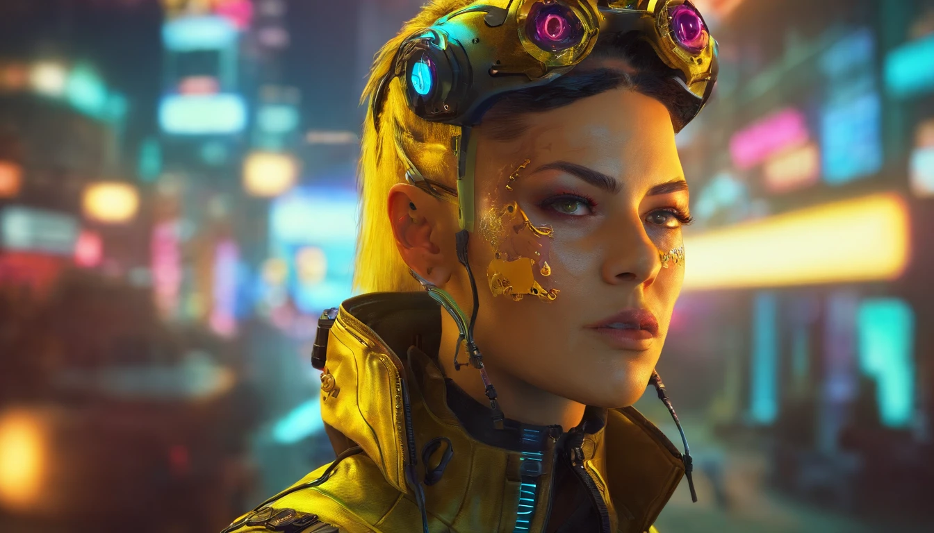 (Combinaison tactique jaune Cyberpunk Speed:1) (1femme) dark themed :: Concentrez-vous sur le visage en gros plan, visage grave, Cibetic visor, :: cheveux noirs moyens,:: Ultra realistic futuristic speedster science fiction Cyberpunk woman, yeux noirs, ((courir au milieu de la rue avec des rayons jaunes, Cyberpunk, Shadowrun, SciFi High Tech Cyberpunk)) :: Combinaison de combat de vitesse jaune Cyberpunk cool :: natural lighting :: Bokeh :: 8k ::  Best quality :: Masterpiece :: incredibly high detailed:1.5