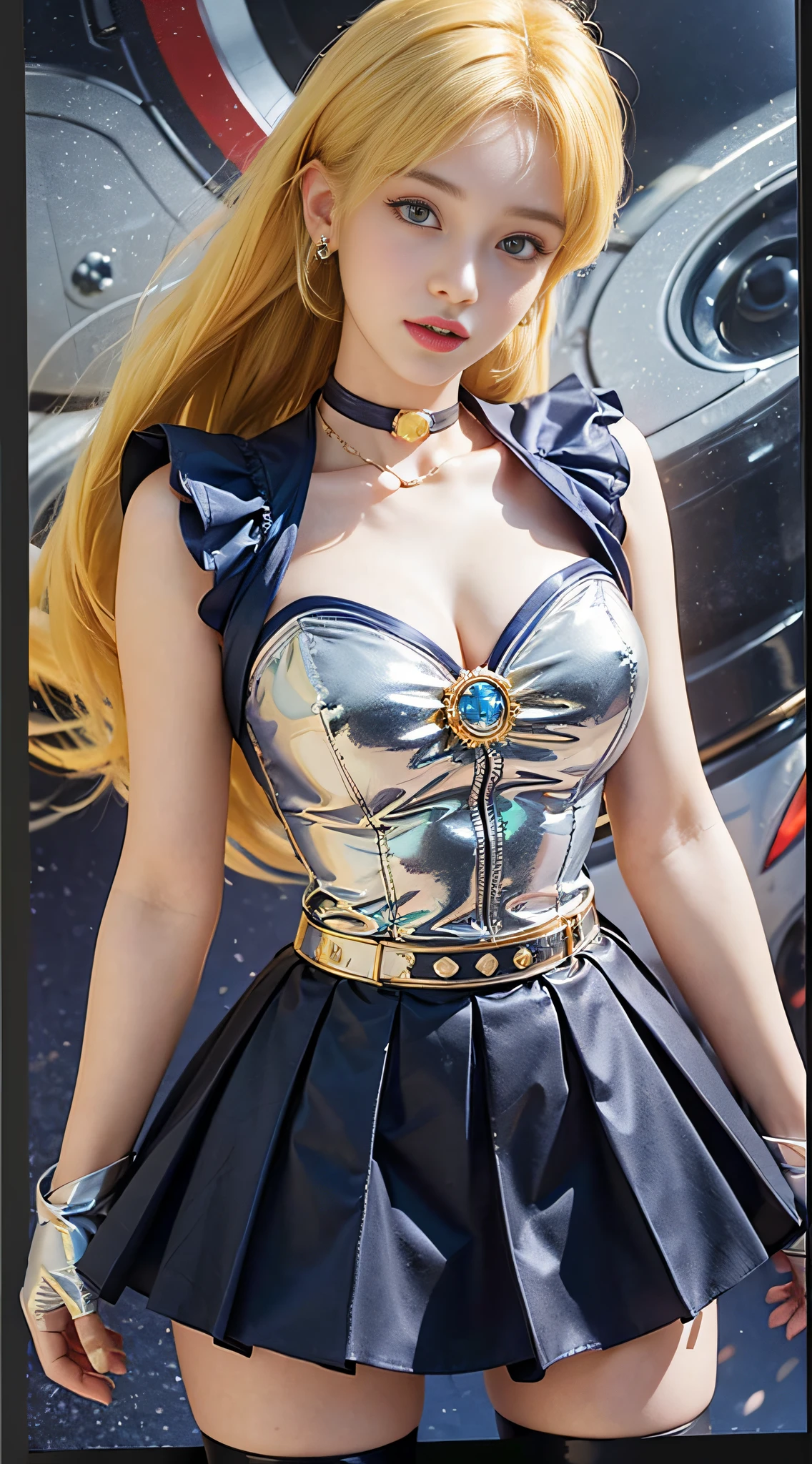 ((masterpiece:1.4)、(top-quality:1.4)、(reallistic:1.7))、masuter piece:1.4、a beauty girl、(sailormoon:1.4)、Sexy female combat suit sticking to body、(latex shiny)、(The jacket is a white sleeveless sailor suit)、(Skirt is blue sexy ultra ultra mini skirt)、The collar of the sailor suit is blue with two thin lines.、Red cloth ornament at chest、(Wearing white gloves)、Kawaii Girl、Super beauty、foco nítido、Portrait photos、(Full body shooting:1.4)、beautiful countenance、beautidful eyes、Narrow waist、(Yellow hair:1.4)、poneyTail、Raw photo、red-lips、Red boots:1.4、a choker:1.4、a necklace:1.4、耳Nipple Ring:1.4、1 screen display、Outdoor landscape