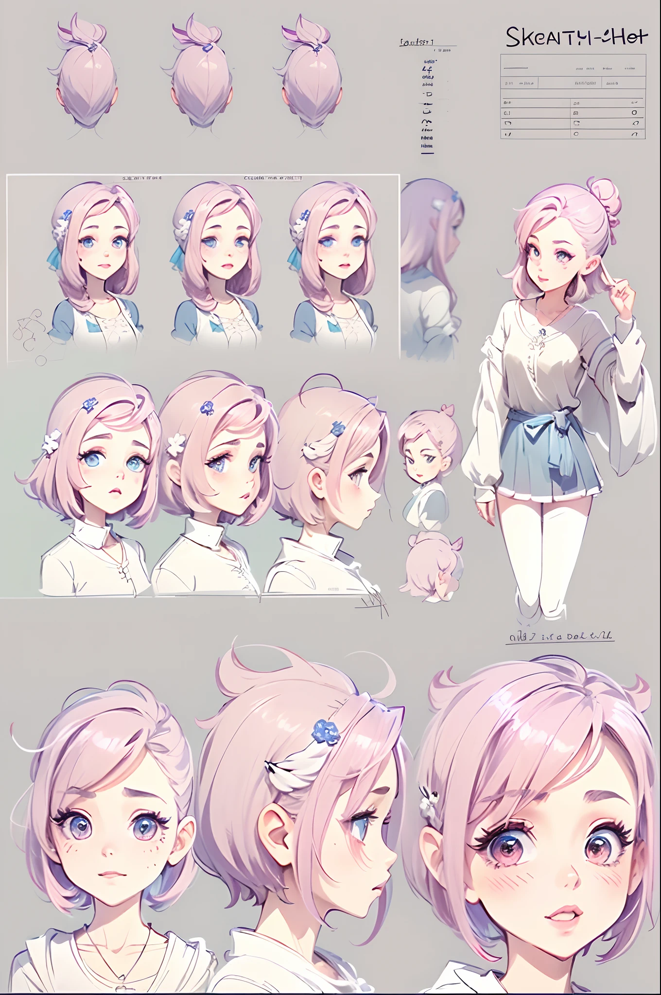 (character sheet:1.5),(Character design for animation:1.5), (sketchpad:1.5,)(((Girl's face))), close-up, reference sheet, Simple background, White background, girl, (side view), (white theme), pendulum, Baby pink color hair, bob hair, bangss.