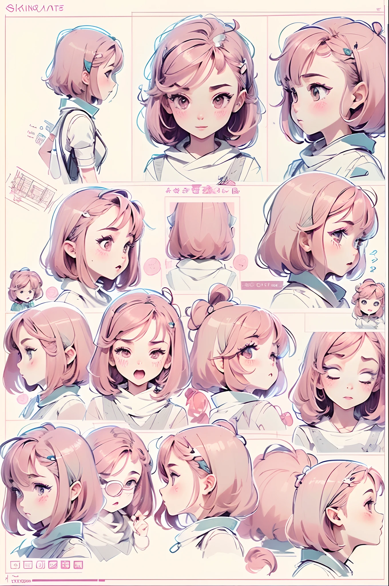 (character sheet:1.5),(Character design for animation:1.5), (sketchpad:1.5,)(((Girl's face))), close-up, reference sheet, Simple background, White background, girl, (side view), (white theme), pendulum, Baby pink color hair, bob hair, bangss.