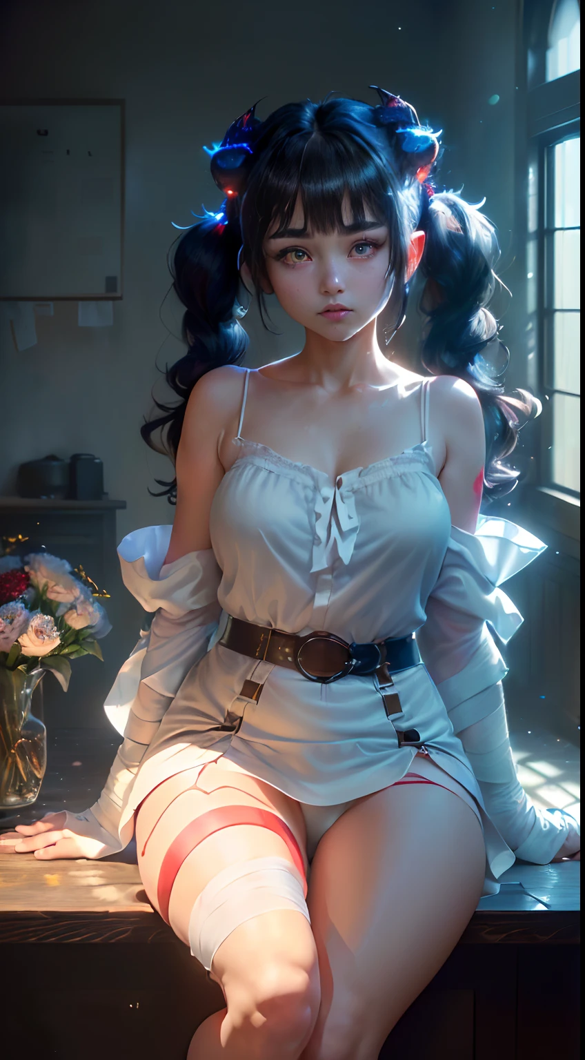 (Masterpiece:1.2), Best quality, A high resolution,Ultra-detailed,Perfect lighting,8K wallpaper,(hdr: 1.0),Original,(fantasy,Abstract art:1.2)
1girll,(Flowers, sanimal ear fluff, Low Twin Tails, Black hair,bangs:1.33),
(glowing light eyes,Glowing eyes,glowing horns,Bored,gloom,Heterochromia red and blue:1.33),
The expression is gloomy,(camisole,鎖骨,Dress shirt,Blouse with super big,sleeves past fingers:1.4),(bandaged leg,leg belt,White panties,Barefoot:1.4),
(spatter ,water, swirles,Light particles,back lit lighting:1.3)