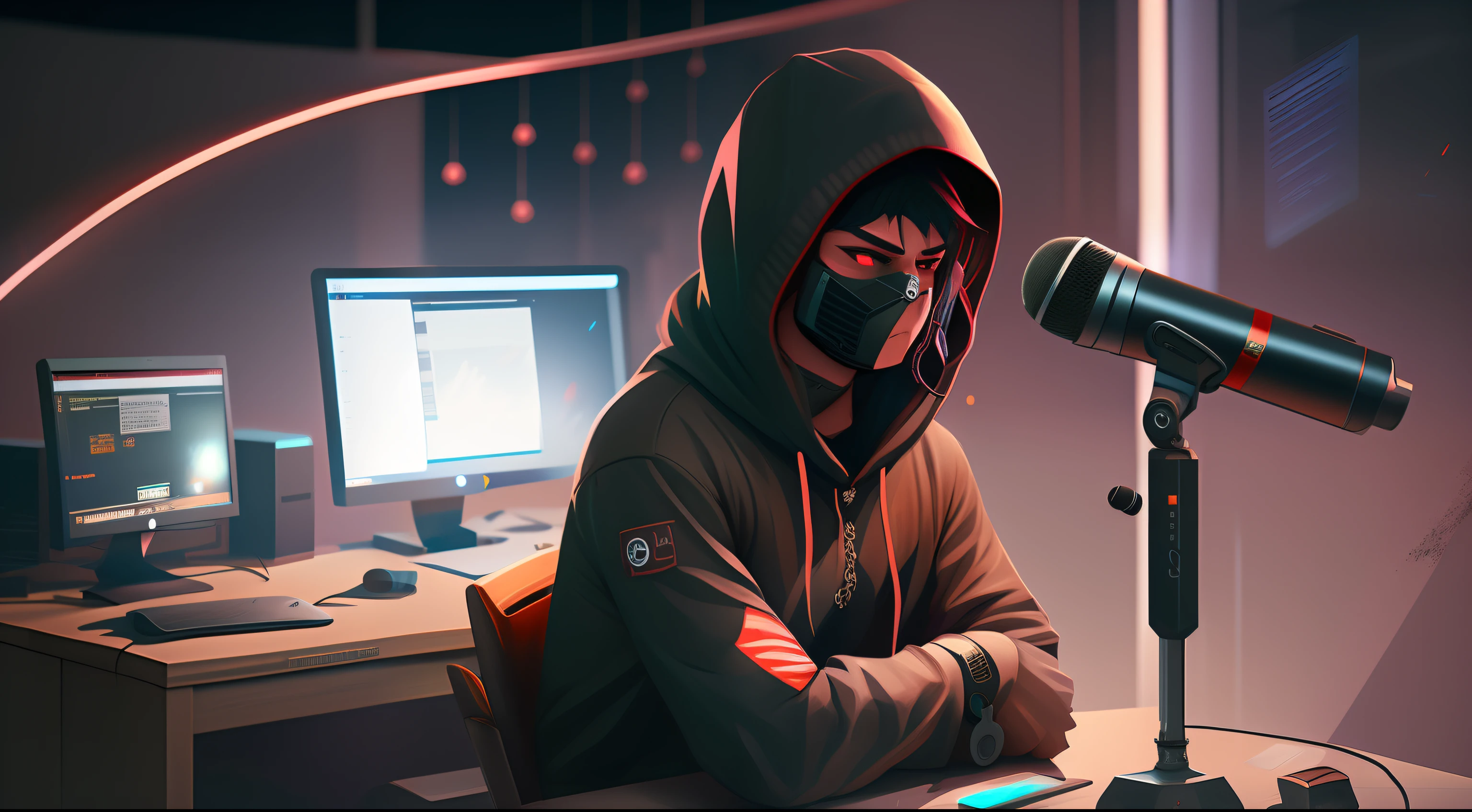 there is a man sitting at a desk with a microphone and a computer, anton fadeev 8 k, jett from valorant, cyberpunk anime man in hoodie, wojtek fus, cyberpunk hacker, hacker, omen from valorant, cyberpunk))), profile picture 1024px, in cyberpunk style, portrait shot, unknown artstyle