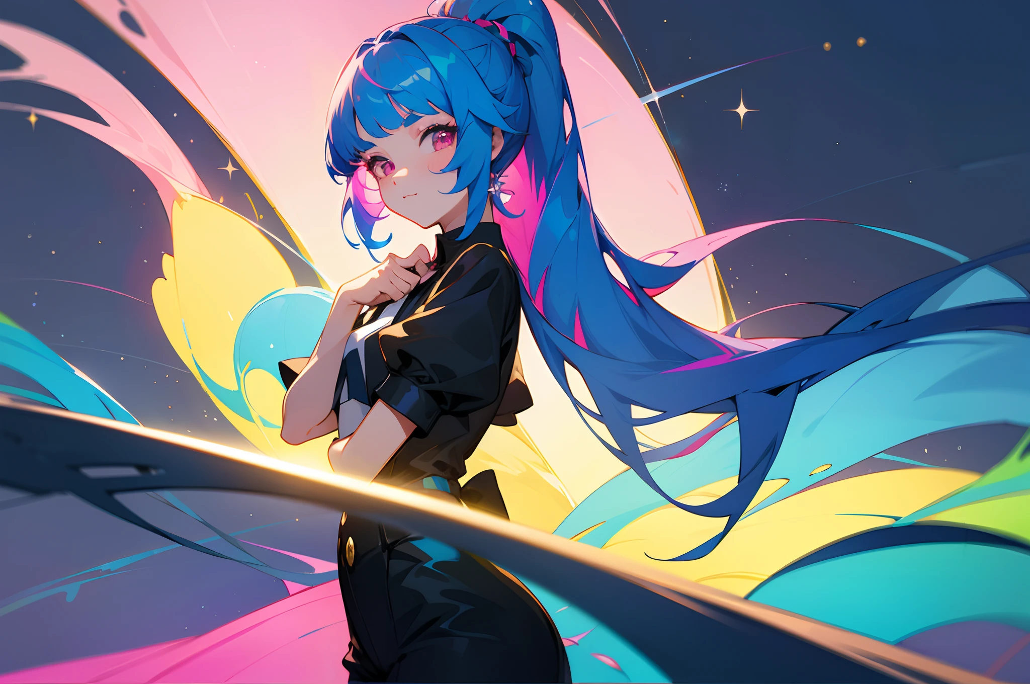 ((colourful, As detailed as possible, tmasterpiece)), A girl stands against the backdrop of a shining sky by the lake, 2 d anime style, flat anime style, in anime style, the anime, anime stylized, glass hair, Glowing Hair, portraite of a, Black Uniform, Strict costume, black necktie, white shirt, puffy short sleeves, Shorts, Smile, puffy short sleeves, Puffy armbands, Shirt, short sleeve, sparkle, Lush eyelashes, The first girl with a high blue tail to her shoulders and a calm face, beatiful face, multi-colored hair, Hair gradient, hair color: Blue, Blue hair, Hair turns from blue to pink, blue high tail, (asymmetrical bangs), bangs on the side, curly curl on the cheek, hairstyle: high ponytail, long tail, pink eyes, :3, Short eyebrows,,, light background, natural light, vivid picture, Additional lighting, anime land of the lustrous, still from anime
