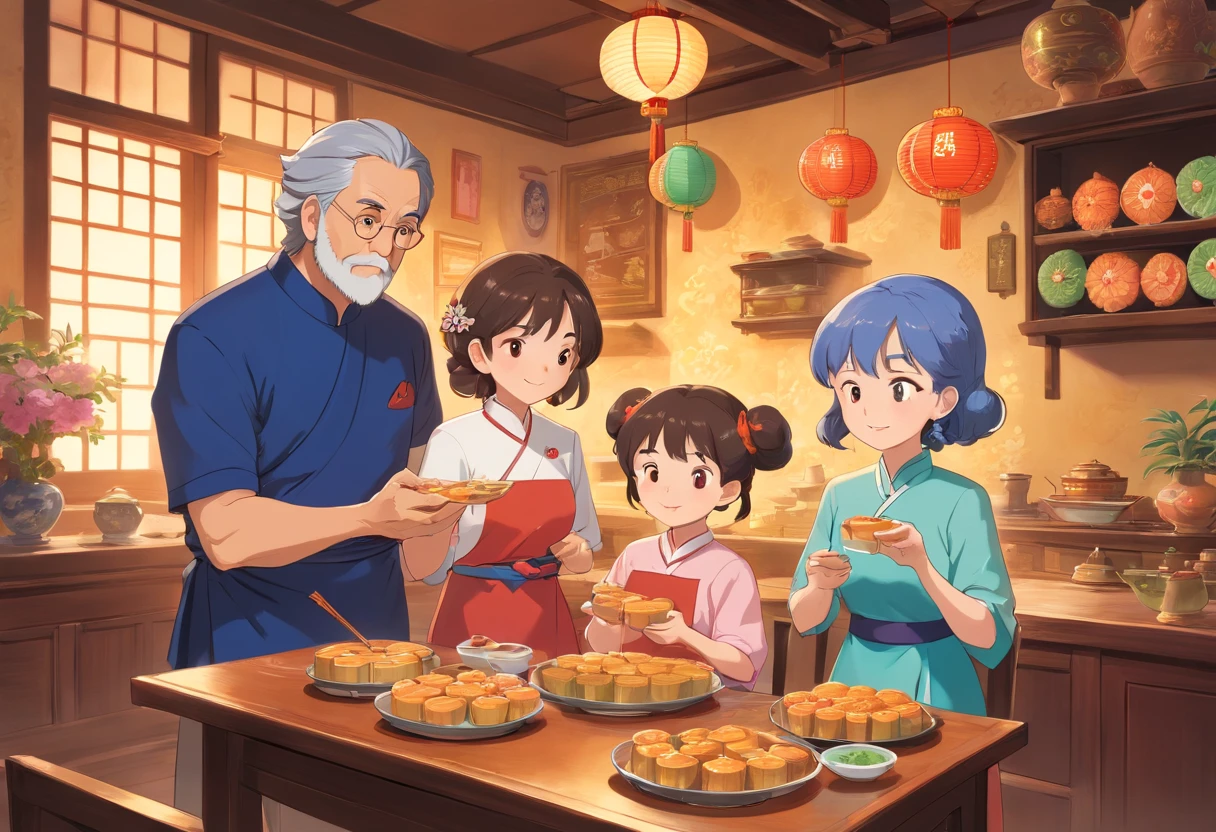The whole family eats mooncakes at home,Mom and dad and kids,Grandpa in suit and grandma in cheongsam,colorful kids book illustration,White basemap,