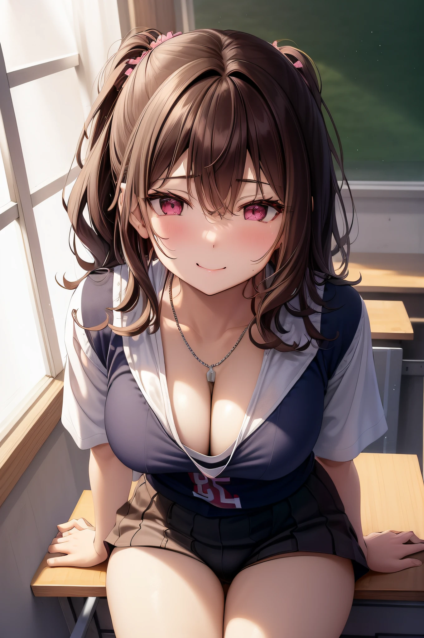 Pink eyes、Women's Athletics、white tank tops、Fitted bloomers、Standing、Decided Pose、Dark brown semi-long hair、perspiring、a smile、very large breast、The background is an athletics stadium、blue open sky、Bright sunlight shining in