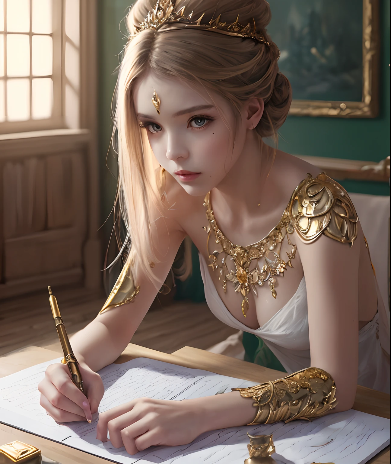 (Best quality, masterpiece, ArtStation, Fantasy Art:1.2), palace indoors, A beautiful young girl writing at a whiteboard, (long white bun hair:1.1), (intricate gold body paint)
