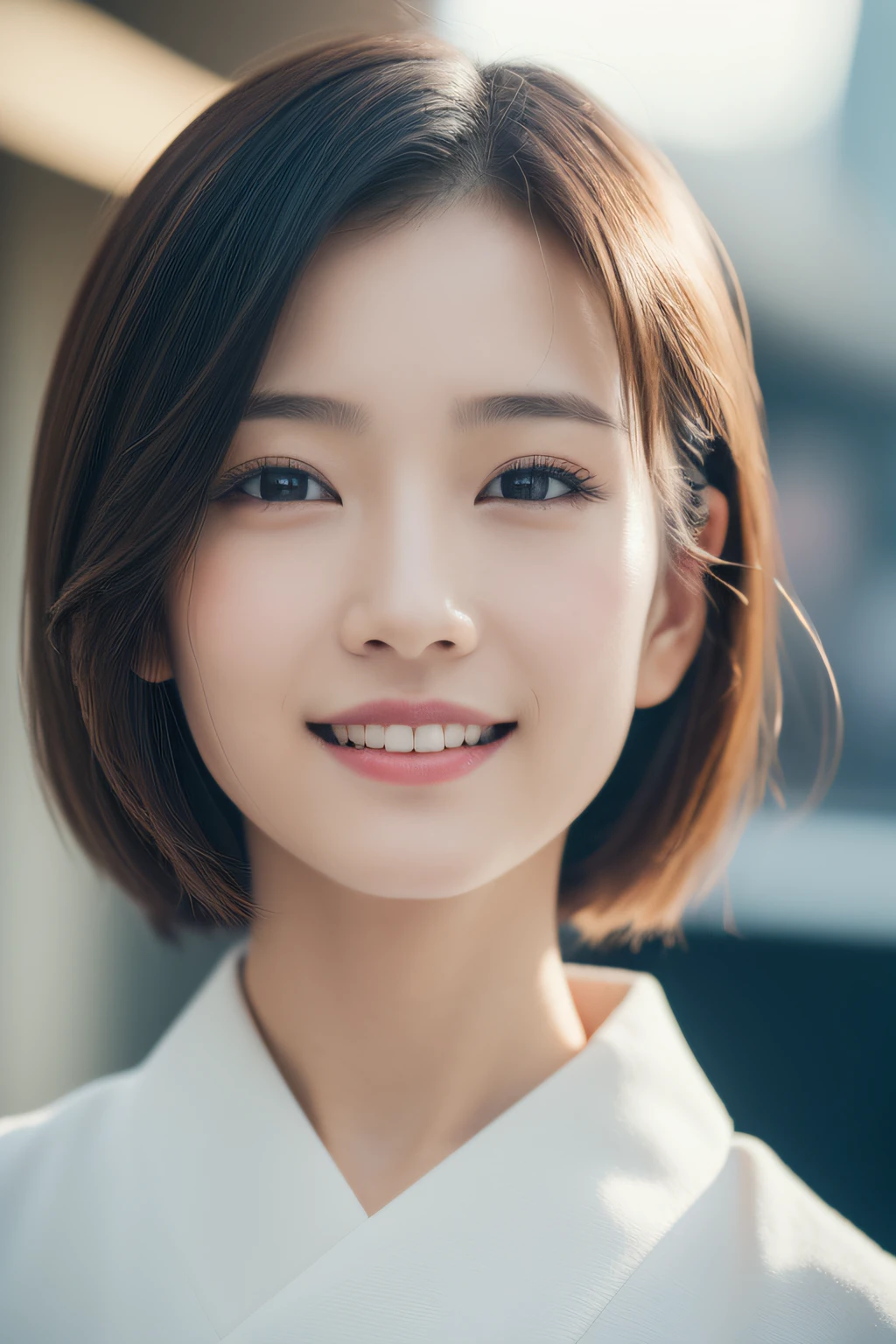 Petite woman with brown hair 20 years old、Red kimono、goddes、Bloom、lensflare、(8k、RAW、proffesional、top-quality、masterpiece:1.2)、(realisitic、Photorealsitic:1.37)、ultra-detailliert、(25mm portrait front view)、(Highest Details Skins:1.2)、(Supreme Detail Face:1.2)、Cinematographic lighting、1womanl、japanes、Upstyle black hair、(Windy)、Walking on a street corner、Warm white light、a smile、shot from front、((top-quality、8k、masterpiece:1.3))、Highly detailed facial and skin texture、A detailed eye、二重まぶた、