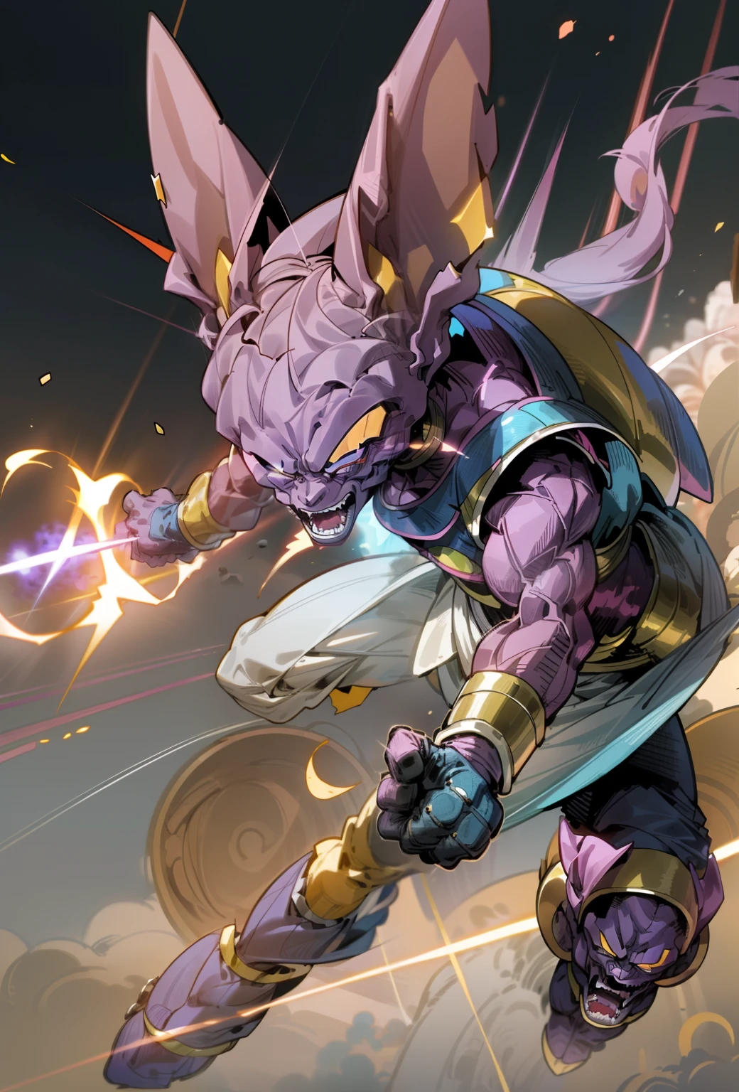 masterpiece, best quality, (beerus), angry eyes, looking shocked, fight position, strong muscles, movie composition, deth of field, bokeh, (futuristic), (full body), zoom out, super saiyan, energy aura. City