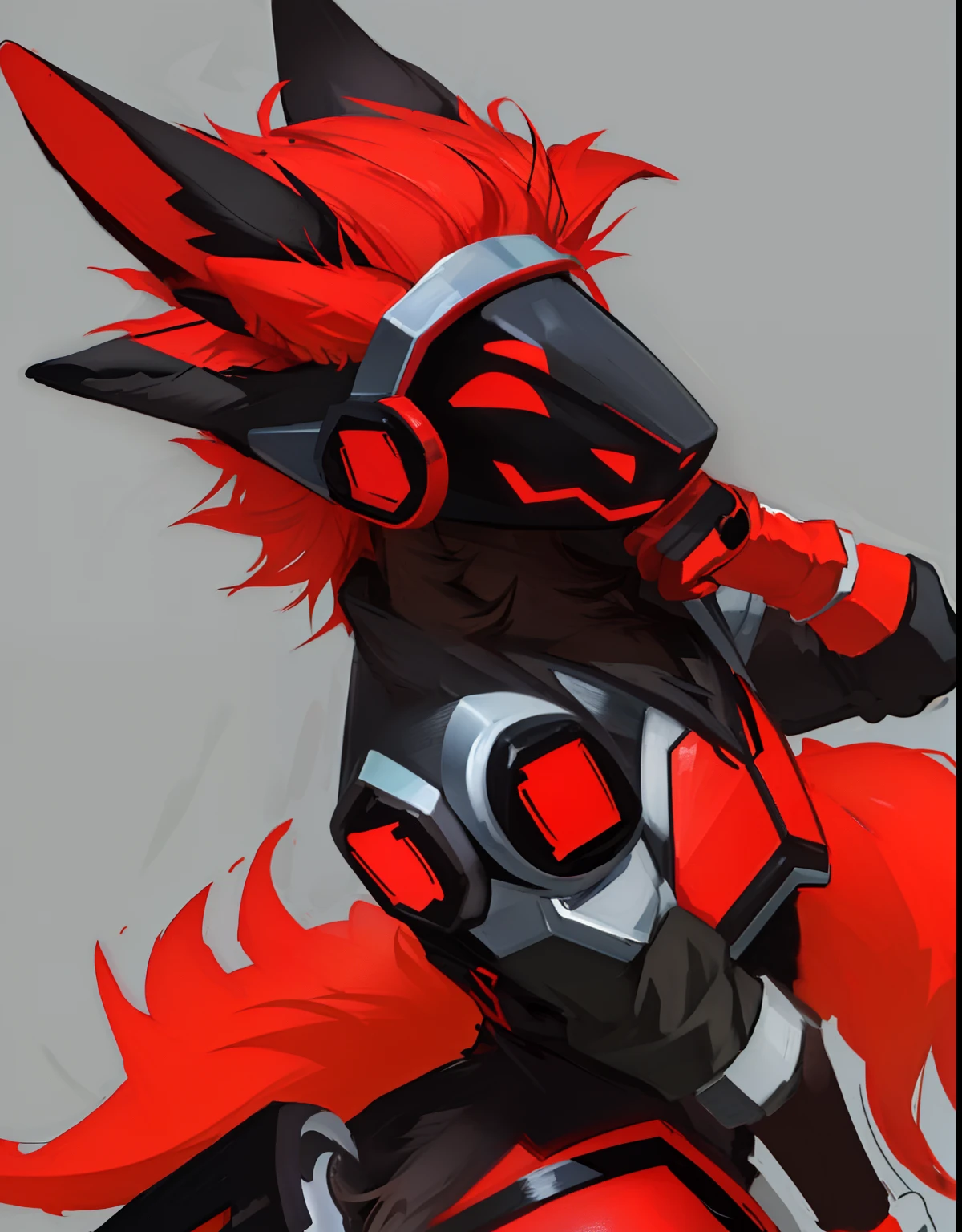 masterpiece, best quality, protogen, (protogen face:1.1), (protogen visor:1.1), an red and black male protogen with red ears that are black inside