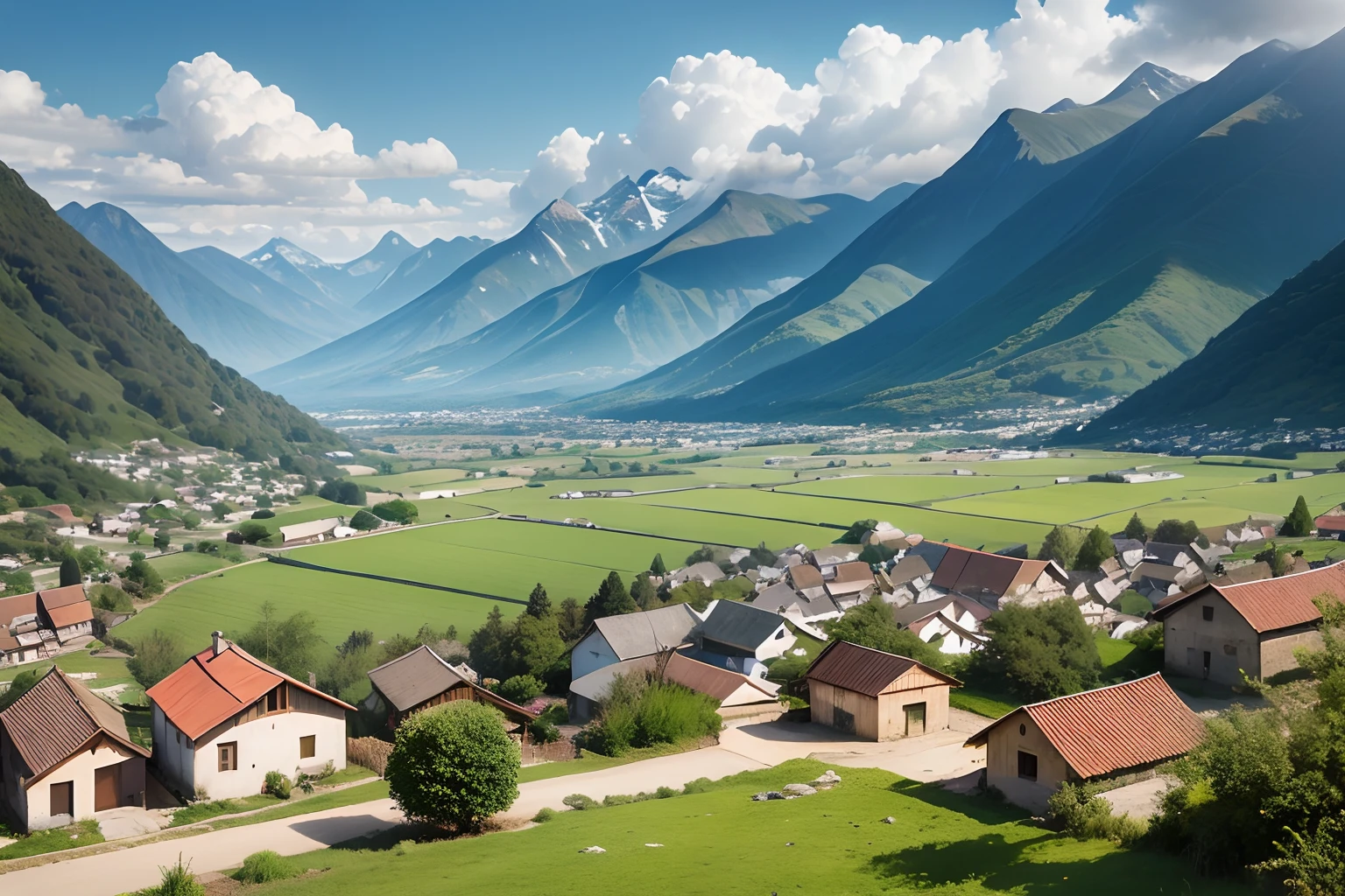 .A panoramic view of the small village, with picturesque houses and green fields all around. The camera then slowly pans out revealing the majestic mountain that rises in the surroundings