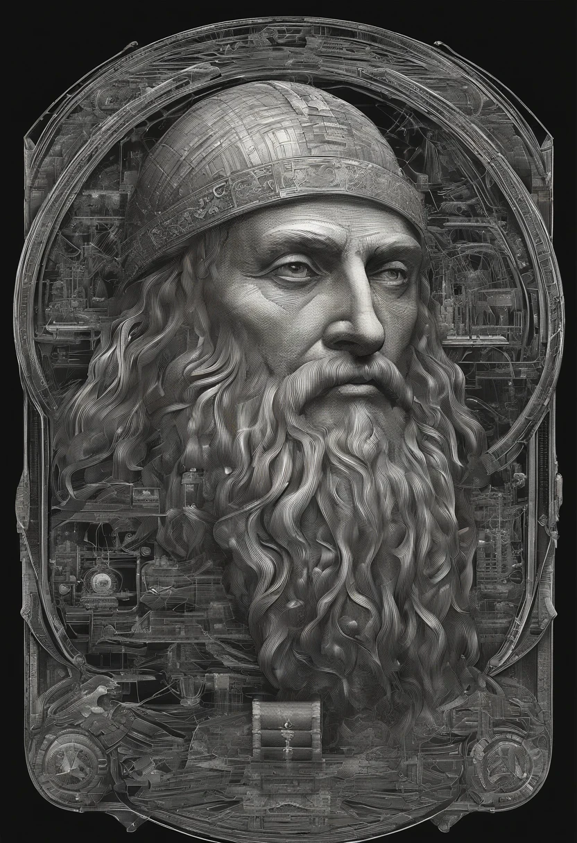 Ultra-detailed digital art. AI male Leonardo Da Vinci. AI machine. Groundbreaking moment. AI comes to life. 8K resolution. Hyper-realistic textures. Perfect anatomy. Cinematic heights. Science fiction elements. Futuristic allure. Vibrant and lively colors. Aura of innovation and discovery. Captivating interaction. Awe-inspiring photorealistic portrayal. A futuristic vision of the scientist Leonardo da Vinci. Black background
