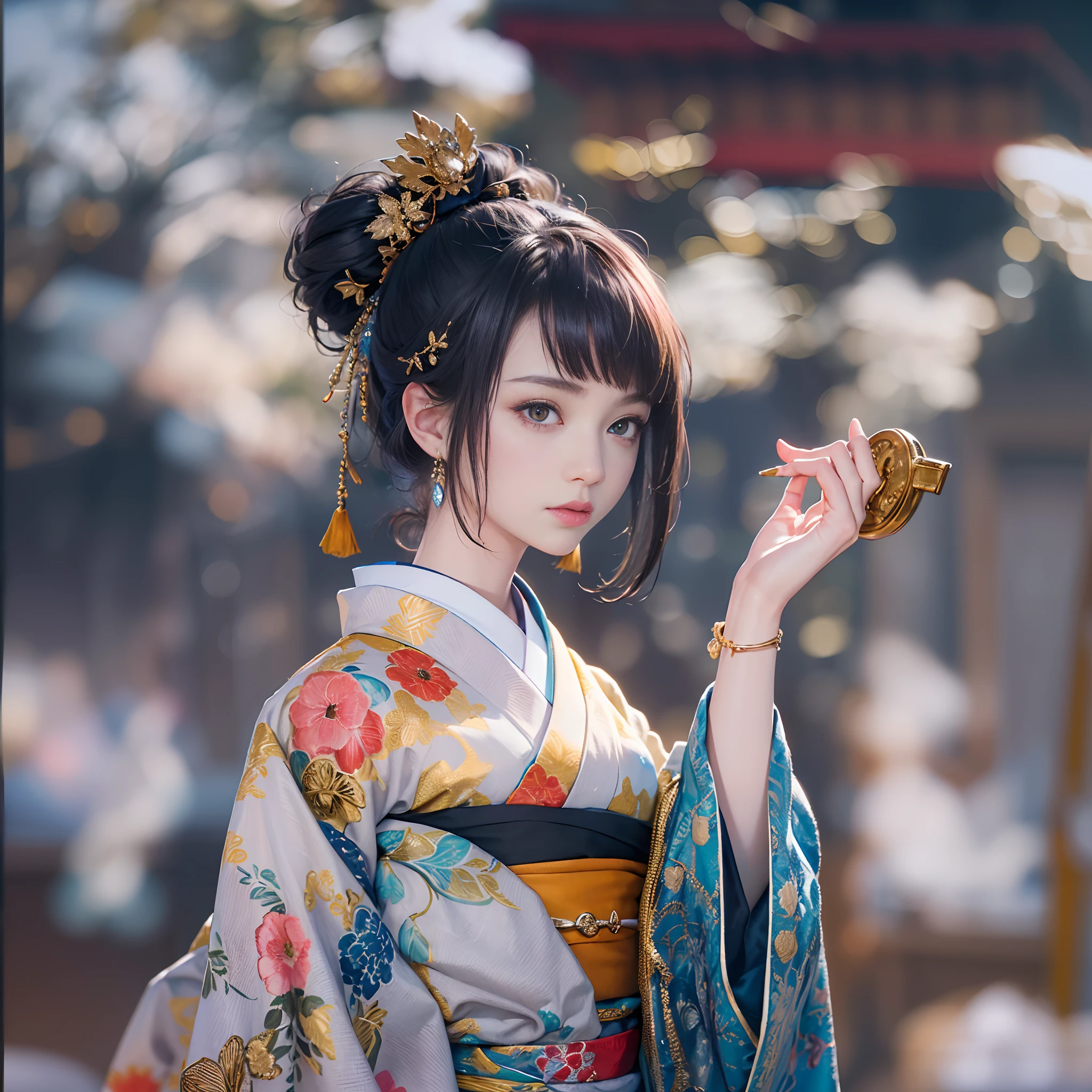 watching at viewers、Background with((ancient city:1.2)And the moon、(dense background:1.5))、BREAK(Luxury kimono(Colorful kimono:1.5(Detailed golden embroidery:2.0,))、face perfect,Depict a beautiful and graceful woman of Japan,poneyTail、Woman with shiny black hair、perfect hand,Heart in the eye。odd eye,full body Esbian,Blur the background with a sickle,((masutepiece)), ((Best Quality))Wallpapers 16K, .Blur the background with a sickle,BREAK,((masutepiece)), ((Best Quality)),epicd(Lige Fries Photography、sony a7、50 millimeters、pores:1.5、Farbe、ultra-detailliert:1.5、film grains:1.4、hyper realisitic:1.5)、octan render、 ultra realistic lifelike textures、masterpiece、unrealengine5、the Extremely Detailed CG Unity 8K Wallpapers、Madly detailed photo、Ultra-realistic light、(Pulitzer Prize for Best Photography、Taylor Wessing Award for Best Photography)