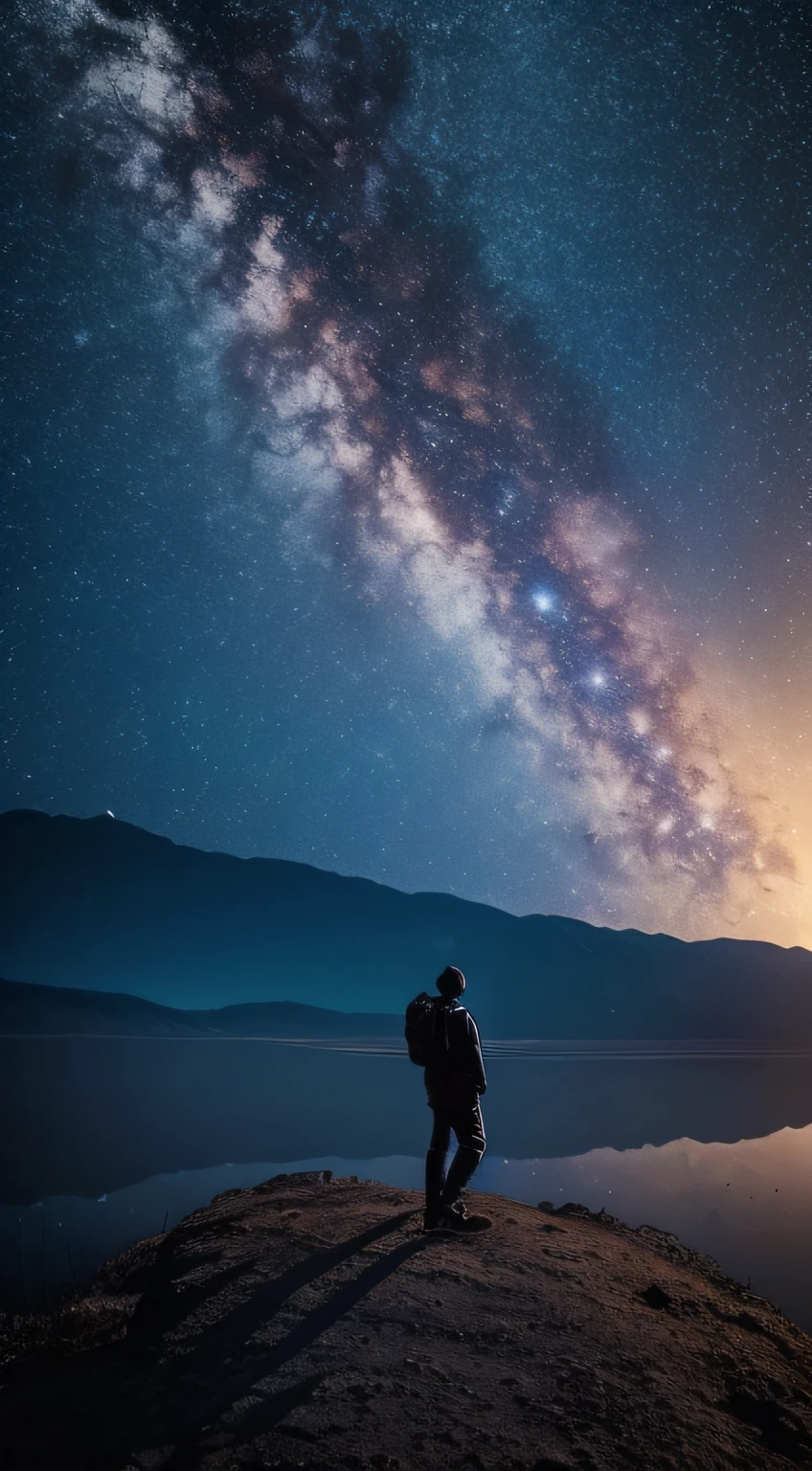 a man looking the falling meteor, special details and sharpness, best quality and best pacing, best coloring, 10 pixel drawing, best stylish and photography, cinematic coloring, dreamy coloring, 16k resolution