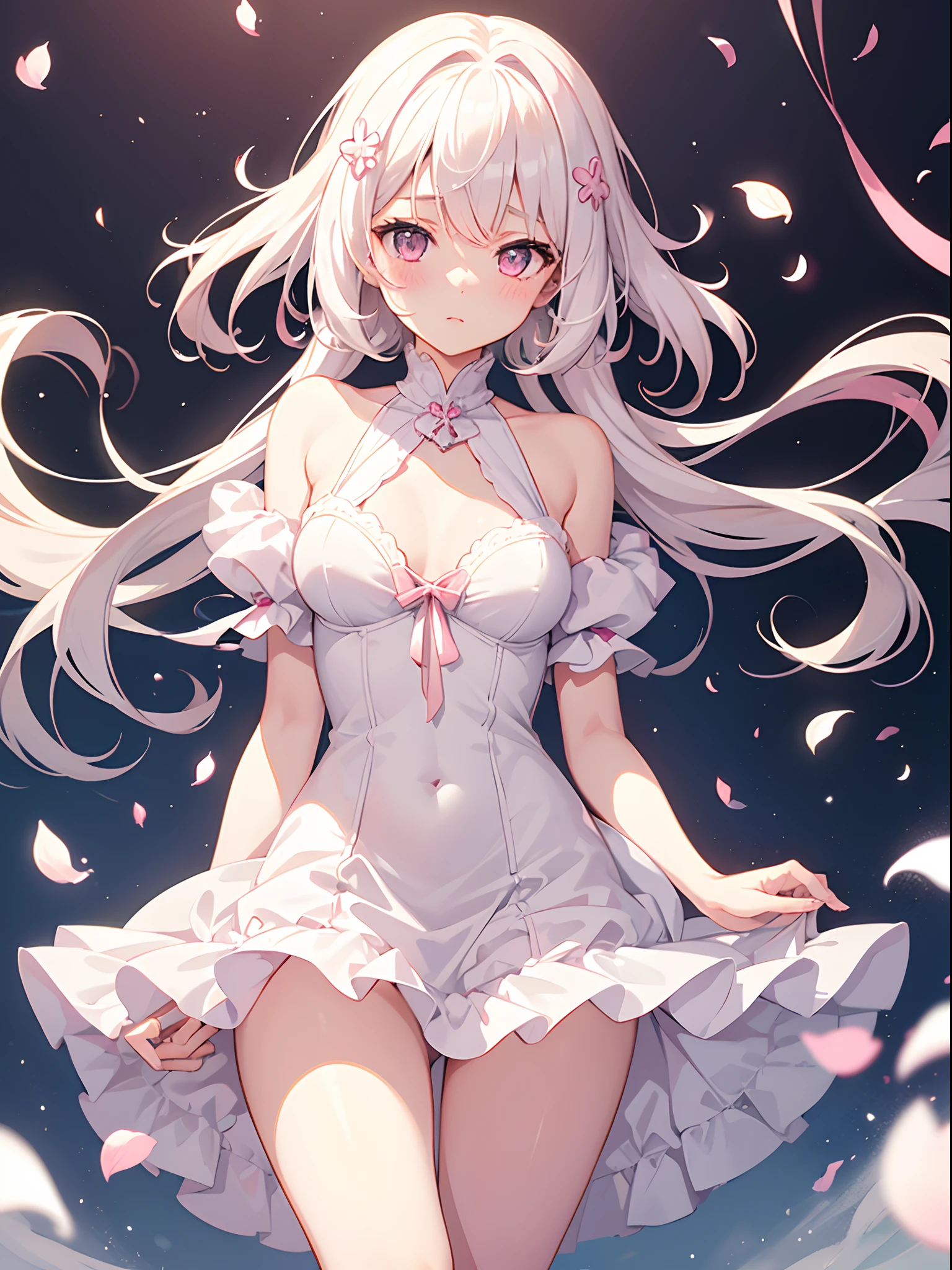 1girl, white medium hair, light pink eyes, center parted hair, cute, blush, medium breast, short dress, Underwear is visible, low angle, bedroom, open legs, chest is visible