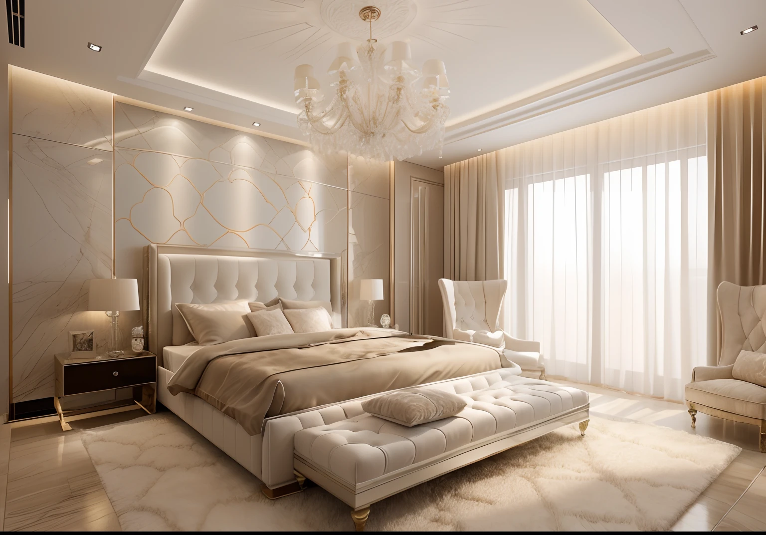 Masterpiece, high quality, best quality, authentic, super detail, interior, modern bedroom,modern ceiling,carpet,similar color tones,warm light