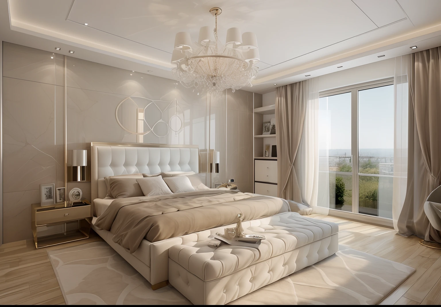 Masterpiece, high quality, best quality, authentic, super detail, interior, modern bedroom,modern ceiling,carpet,similar color tones,warm light