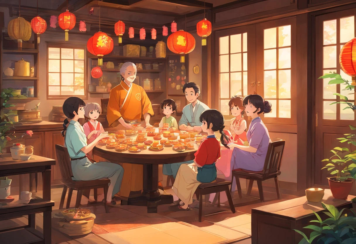 The whole family eats mooncakes at home,Mom wore a long dress,Dad in a shirt,The child laughs happily,Grandpa wears a suit,Grandma was wearing a cheongsam,colorful kids book illustration,White basemap,