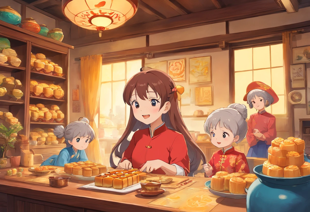 The whole family eats mooncakes at home,Mom wore a long dress,Dad in a shirt,The child laughs happily,Grandpa wears a suit,Grandma was wearing a cheongsam,colorful kids book illustration,White basemap,