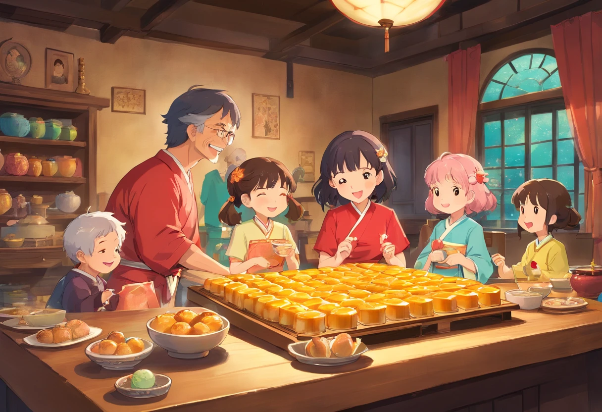 The whole family eats mooncakes at home，Mom wore a long dress，Dad in a shirt，The child laughs happily，Grandpa wears a suit，Grandma was wearing a cheongsam，colorful kids book illustration，White basemap，