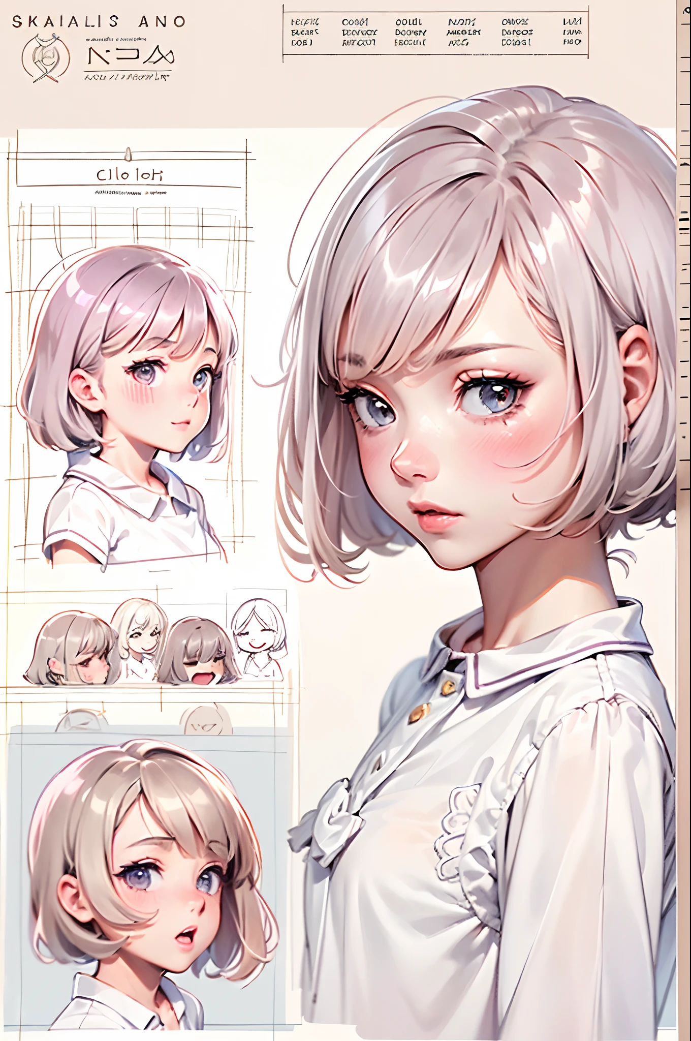 (character sheet:1.5),(Character design for animation:1.5), (sketchpad:1.5,)(((Girl's face))), close-up, reference sheet, Simple background, White background, girl, (side view), (white theme), pendulum, Baby pink color hair, bob hair, bangss.
