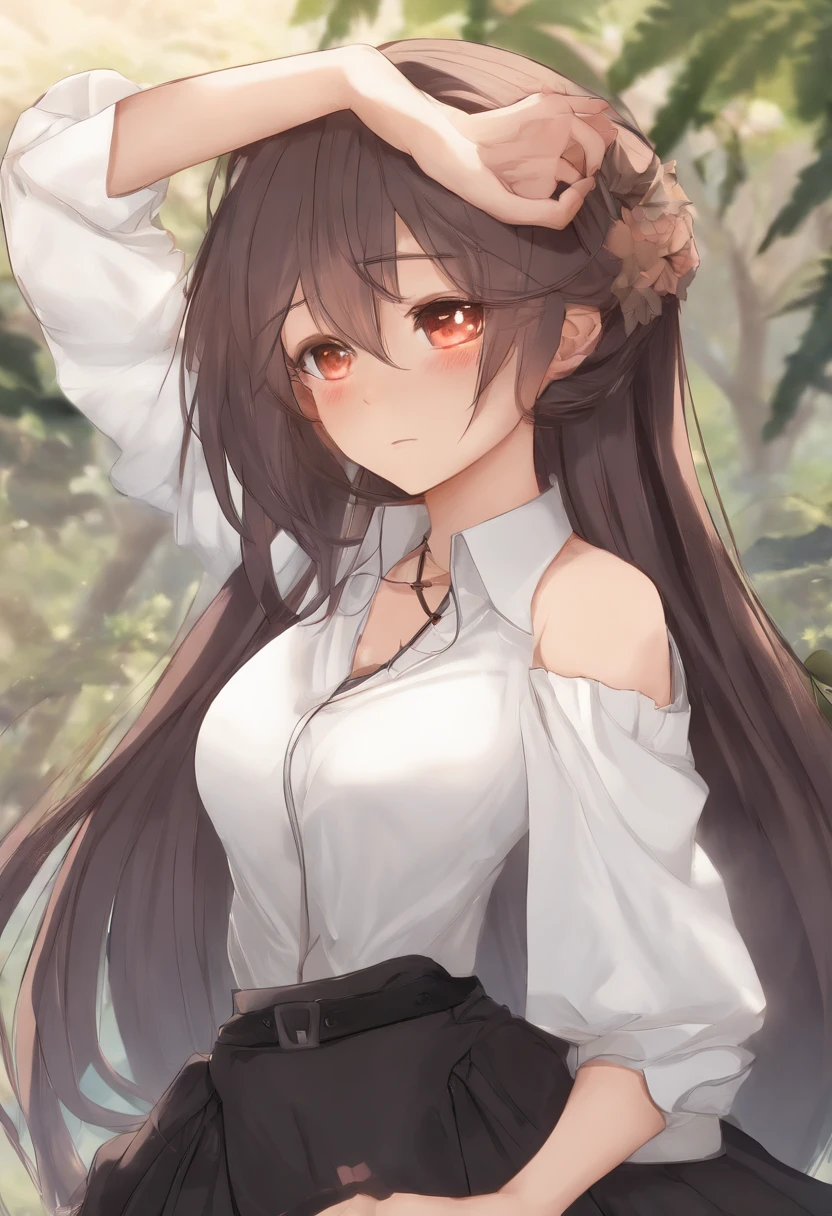 eris greyrat, 1girl, solo, long hair, ahoge, red eyes, red hair, bare shoulders,hairband, crossed arms,blush, skirt, black hairband, breasts, detached sleeves,bangs, hair between eyes, long sleeves, hair flaps, closed mouth, black skirt, brown skirt, shirt, crossed bangs, very long hair, white shirt,biwm,pointing at self,shouting,angry,