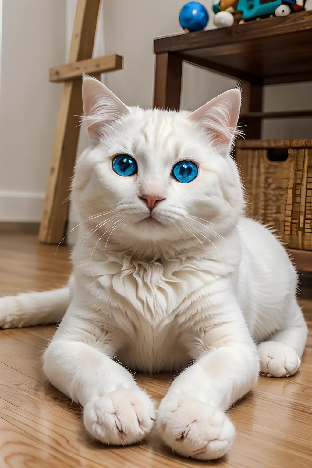 (best quality:1.33), (masterpiece:1.42), (realistic:1.24), (detailed:1.15), Cute white furry and chubby cat with blue eyes, lying on the floor and playing with toys big eyes,,, volumetric lighting, global illumination, raytracing, detailed hyperrealism,