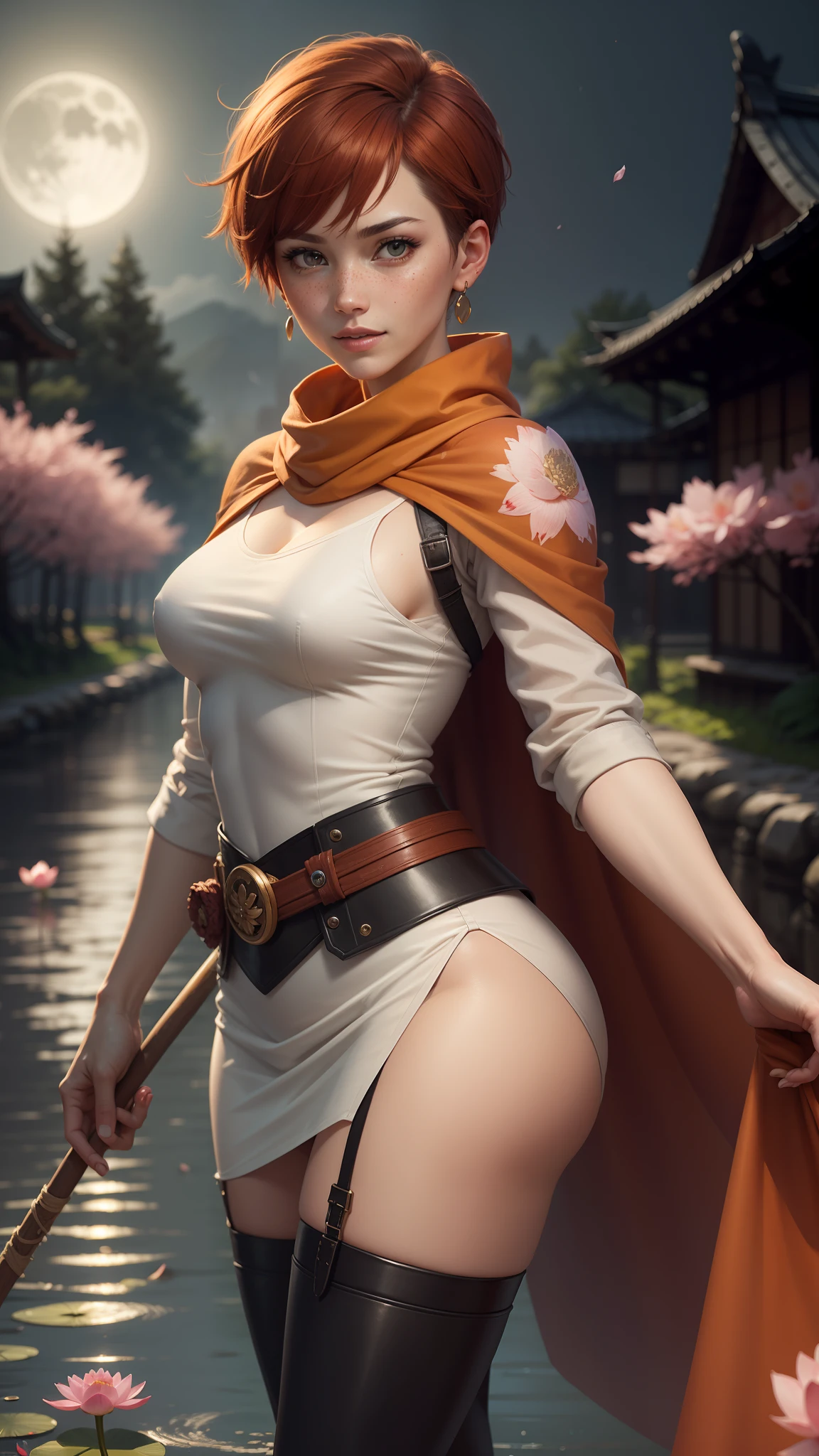 gwen tennyson,tracer,yorha 2b,rebecca chambers,samurai outfit,japan,steel armor,ager,green eyes,garter belt, thigh high boots,short hair,orange hair,moonlight,cherry blossom,shy smile,white striped top,bodycon skirt, kimono,freckles,redhead,beautiful girl,large breasts,ultra detailed,realistic, ninja scarf,short ninja cape,holding a spear,small earrings,lotus flower river,