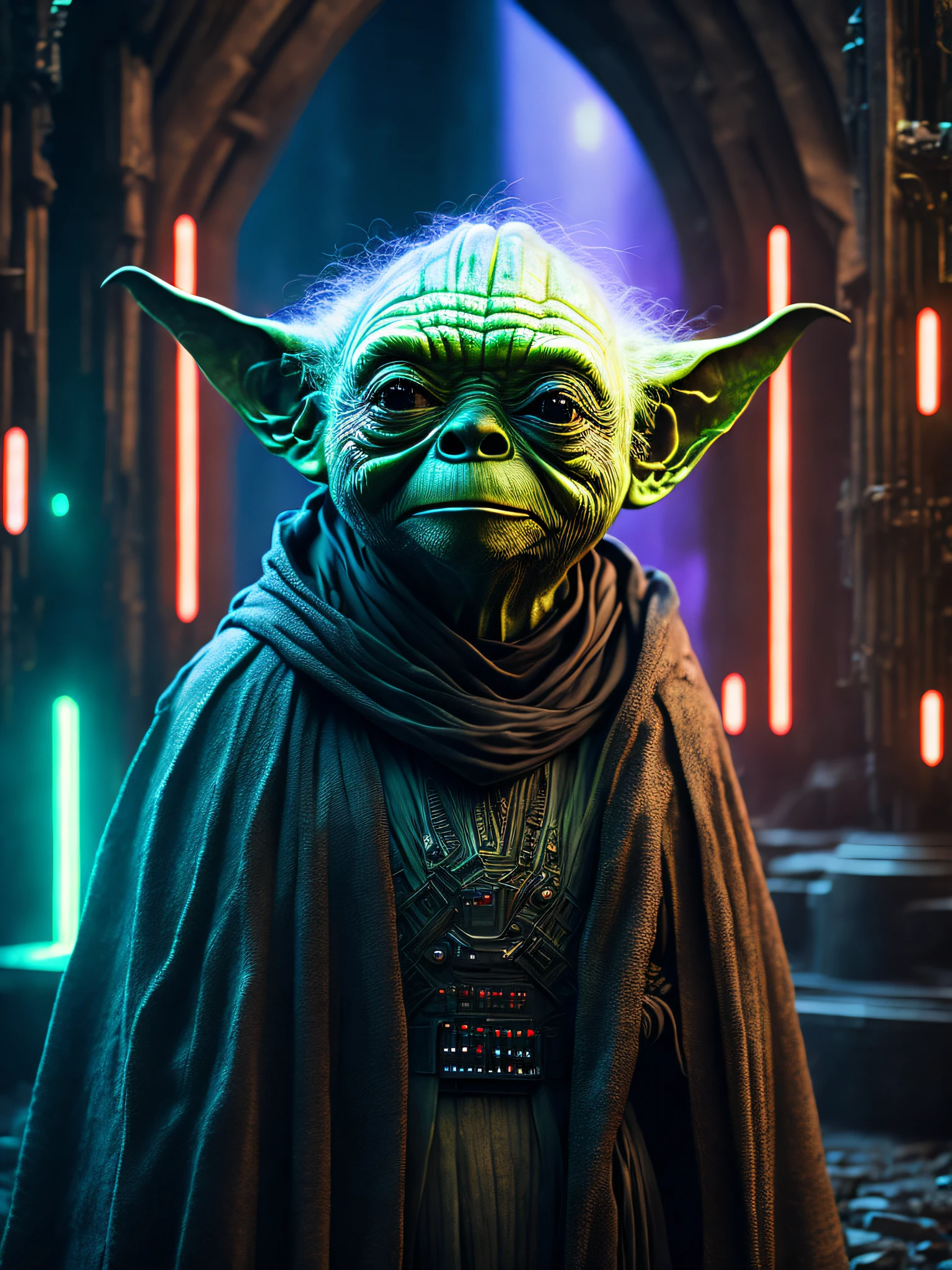 a somber portrait of Yoda from Star Wars with intricate angular cybernetic implants inside a brutalist building, a gothic brutalist cathedral, cyberpunk, an award-winning photo, bokeh, neon lights, a cybernetic limb