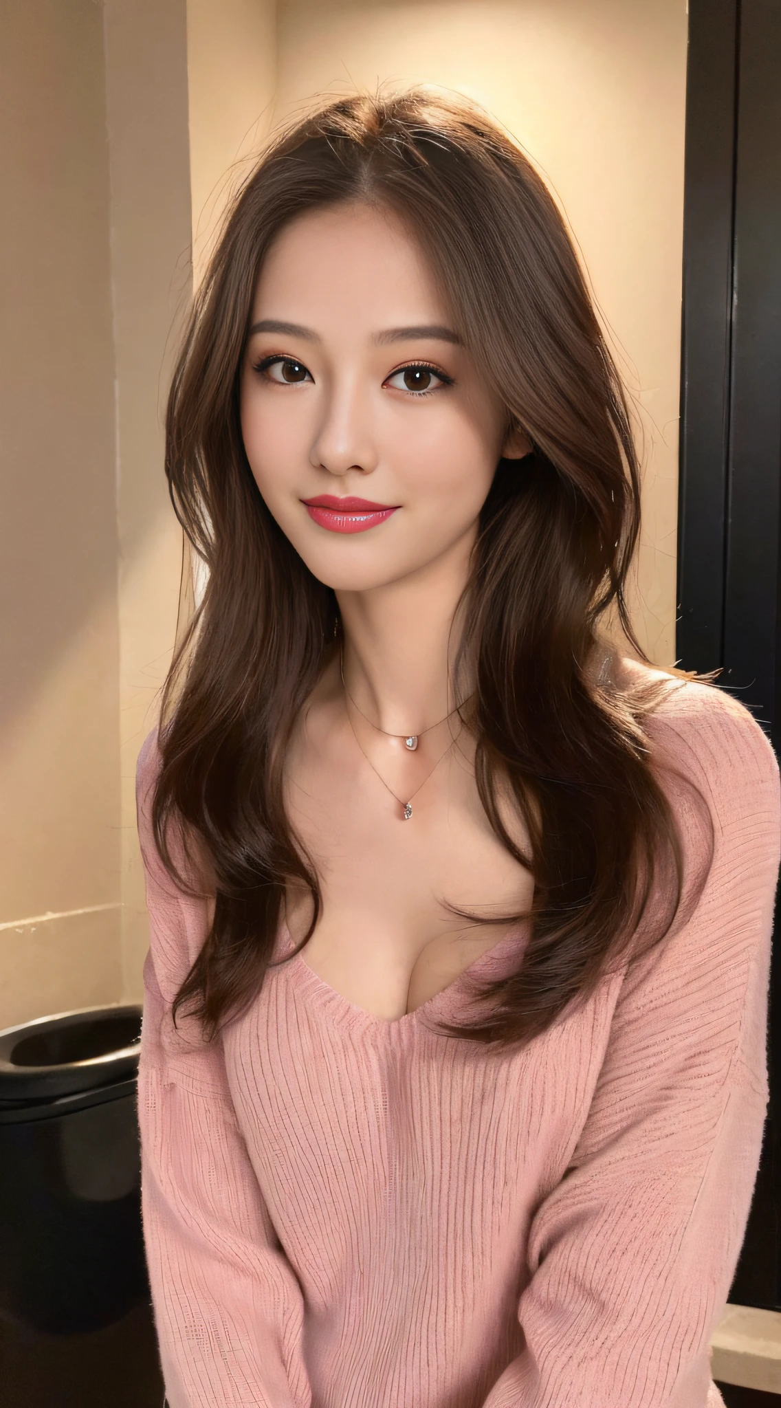 ((Night, Realistic Light, Best Quality, 8K, Masterpiece: 1.3)), 1girl, Slim Beauty: 1.4, Abs: 1.1, (Brown hair, Medium breasts: 1.3), Long pink sweater: 1.1, Bathroom, Super fine face, Delicate eyes, Double eyelids, smile, necklace