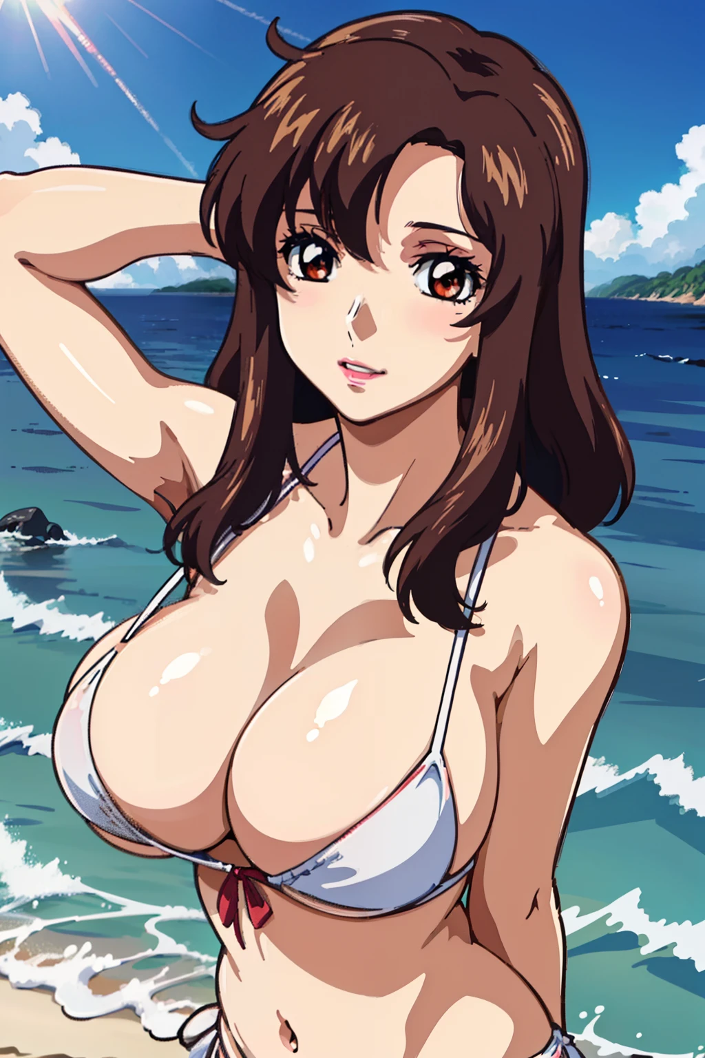 (masterpiec, best quality, anime screencap:1.5, HD, 8k, photorealistic), bangs, brown_hair, long_hair, red eyes, lipstick, makeup, blush, arge breast, cleavage, bikini, arms up behind, upper body, (perfect anatomy, perfect detailed, shiny skin, beautiful hair, beautiful face, beautiful eyes, beautiful breast), (thick outline, black outline), sunshine, beach,