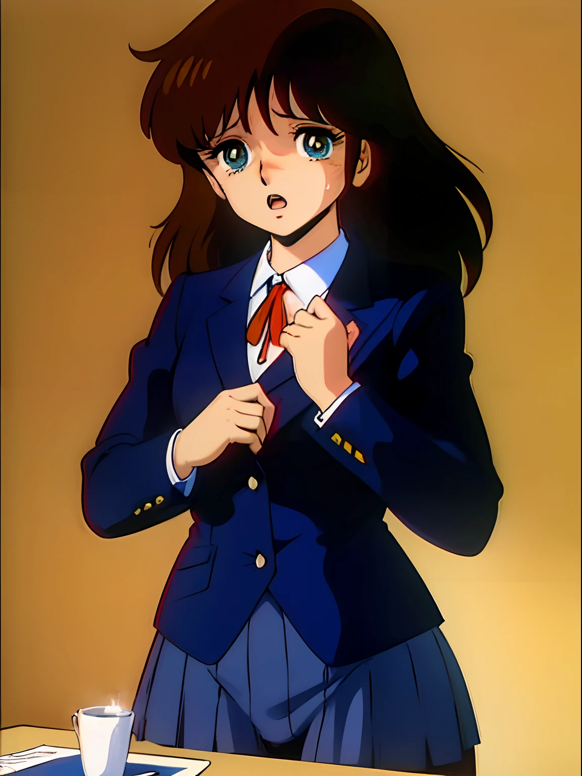 (cel anime, retro art style, clean brush stroke, highly detailed, perfect anatomy, NSFW), class room background, 1girl (solo:1.5), eyebrows visible through hair, bangs, dark brown hair, blue eyes, down turned eyes (sanpakugan:1.4), half open eyes (beautiful detailed eyes:1.2), looking at viewer, open mouth (stick out tongue:0.0), (orgasm:1.0), standing, dark blue blazer, open clothes, thin red bow, white rounded collar shirt, dark blue long skirt (lift by myself:1.5), pussy looking through, slippery dark gray pantyhose, slippery white party, crotch rub, female masturbation (table sex:1.5), pussy juice,