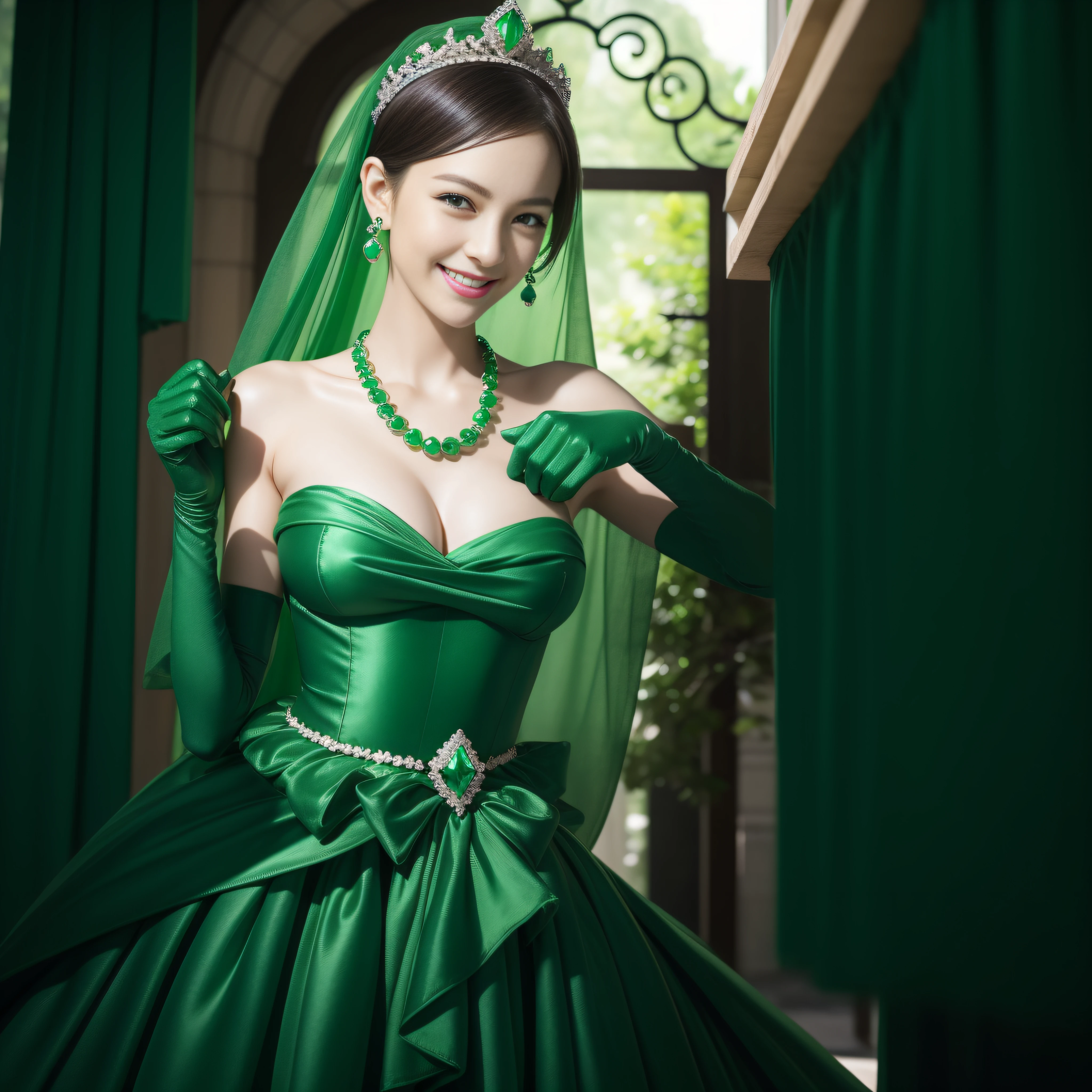 emerald tiara, Green Pearl Necklace, Boyish very short green hair, lipsticks, Japan woman smiling, very short short hair, big breasts beautiful, Green eyes, Long green gloves made of satin material, Green eyes, Emerald Earrings, Green dress