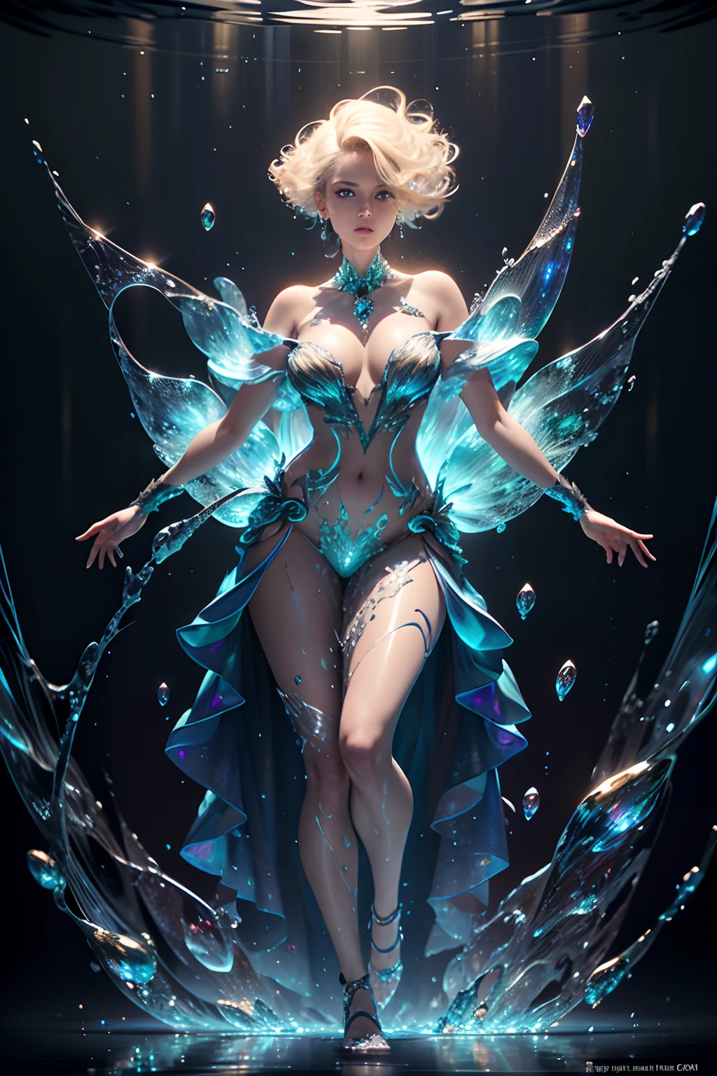Neo-realism, 1 mermaid is heat haze baroque dress, blond short hair, slant up sharp eyes, looking away, full body shot, (fused swirling vortexes and glass texture and broken diamond texture:1.2), (deep depth water background intricate detail:1.4), vivid colors, dark palette, beauty beauty, glimmer glass effect, epic trance fusion dark core, little blisters, sharpening rendering, intricate glimmer glass, abyss, epic composition, amazing background detail, all captured in sharp focus, rendered in stunning 32k resolution, beautiful detailed glow, (light painting on palette knife drawing add fiber optic light painting:1.1), (mastery of various techniques and styles:1.1). be seen dimly,
