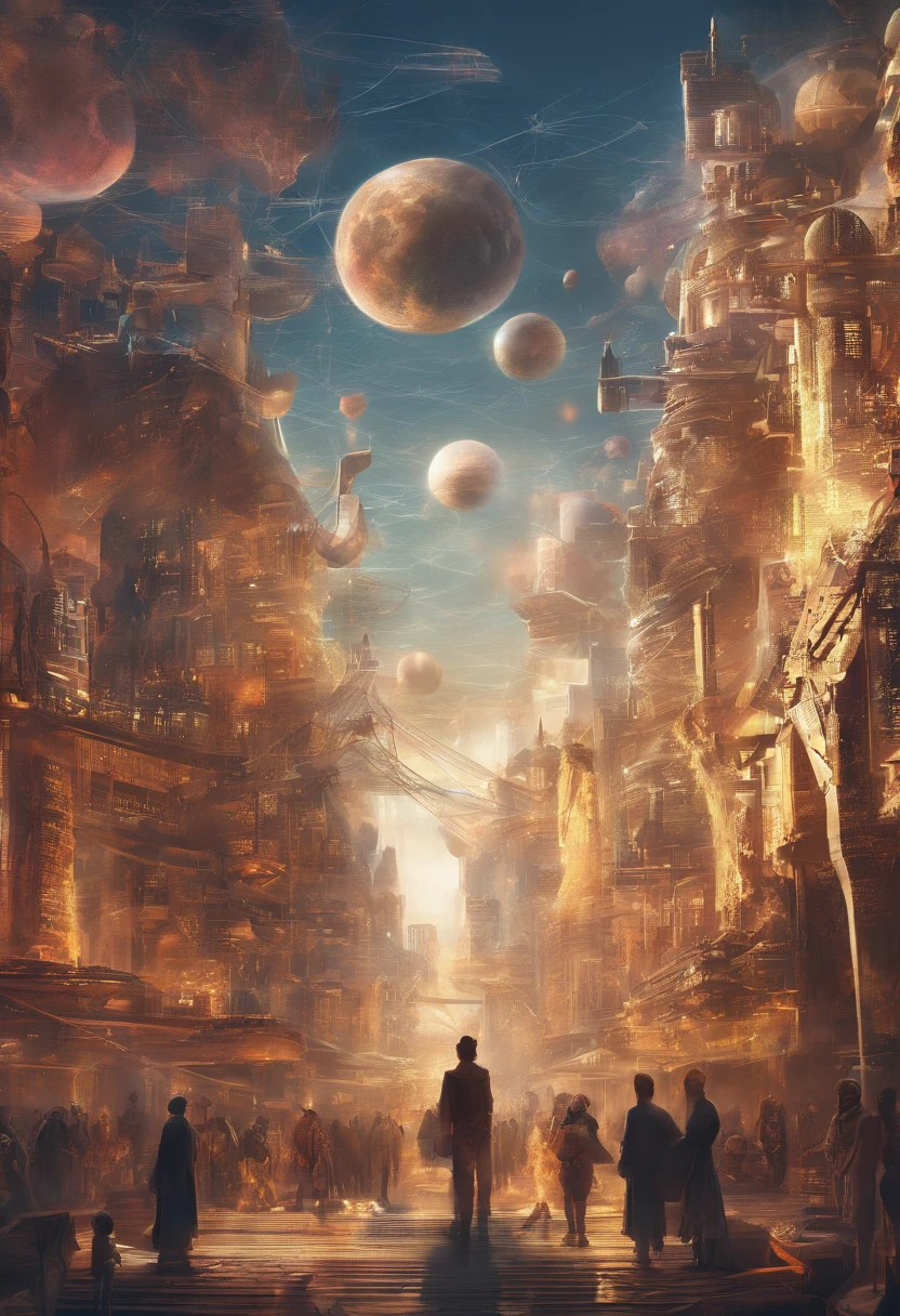 Ultra-detailed digital art. AI male Leonardo Da Vinci portrait. AI machine. Groundbreaking moment. AI comes to life. 8K resolution. Hyper-realistic textures. Perfect anatomy. Cinematic heights. Science fiction elements. Futuristic allure. Vibrant and lively colors. Aura of innovation and discovery. Captivating interaction. A futuristic vision of the scientist Leonardo da Vinci. Futuristic city background