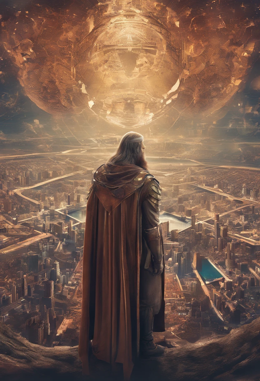 Ultra-detailed digital art. AI male Leonardo Da Vinci portrait. AI machine. Groundbreaking moment. AI comes to life. 8K resolution. Hyper-realistic textures. Perfect anatomy. Cinematic heights. Science fiction elements. Futuristic allure. Vibrant and lively colors. Aura of innovation and discovery. Captivating interaction. A futuristic vision of the scientist Leonardo da Vinci. Futuristic city background