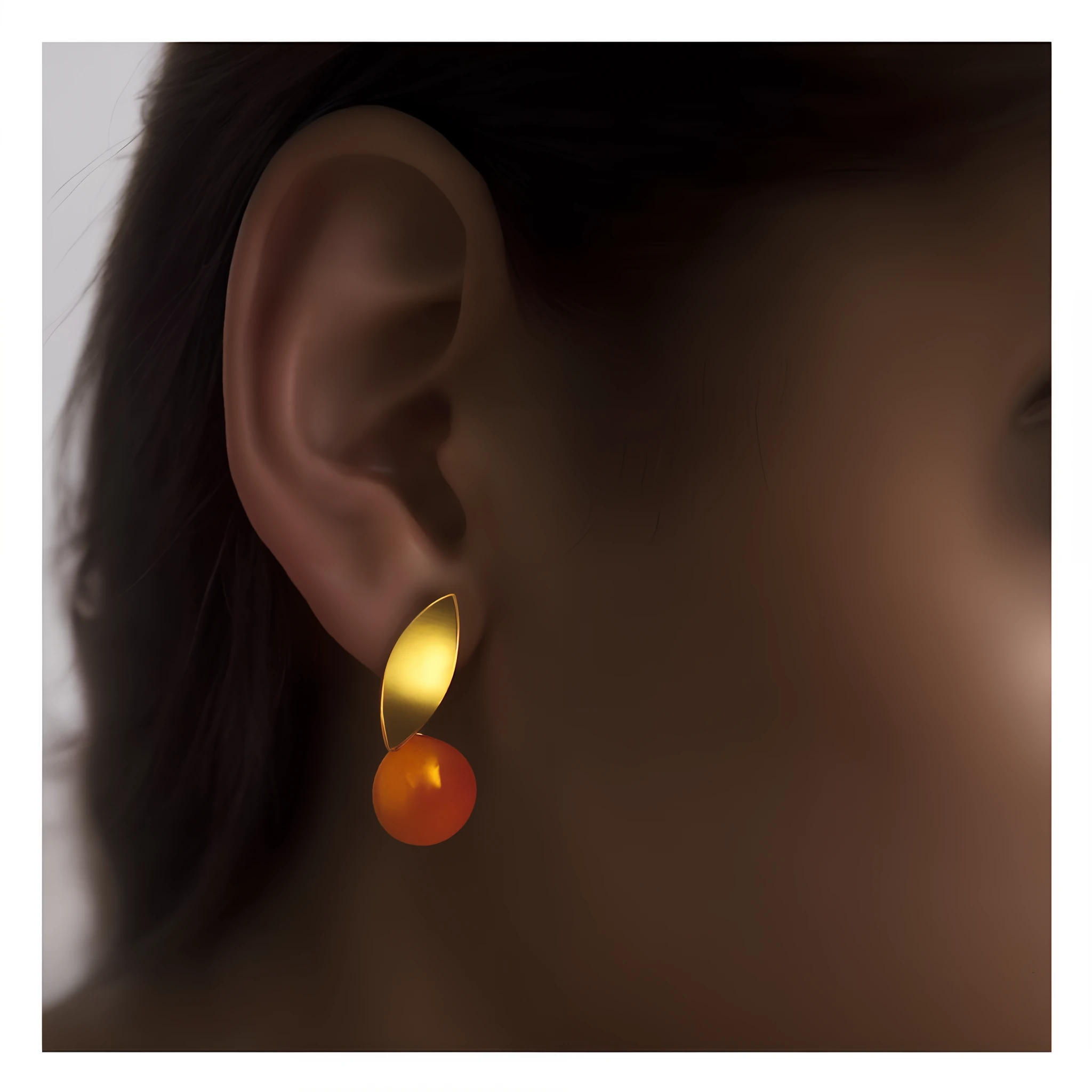 a close up of a woman wearing a pair of earrings, an earring, earings, earring, with small studded earings, earrings, inspired by Évariste Vital Luminais, 20k, golden earrings, by Jan Rustem, ear, inspired by Jean Arp, rendering, glowing accents, eero aarnio, very realistic, orange metal ears, (masterpiece:1.2) (photorealistic:1.2) (bokeh:1.2) (best quality) (detailed skin:1.3) (intricate details) (8k) (HDR) (cinematic lighting) (sharp focus)