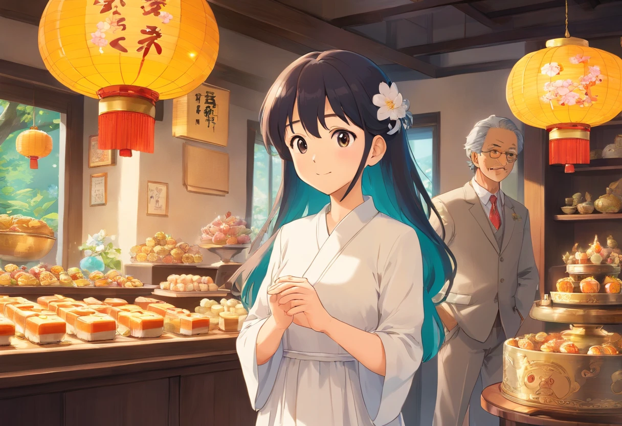 Mom wears a long white dress,Dad in a shirt,The smiled happily,Grandpa wears a suit,Grandma was wearing a cheongsam,The whole family eats mooncakes at home,colorful kids book illustration,White basemap,