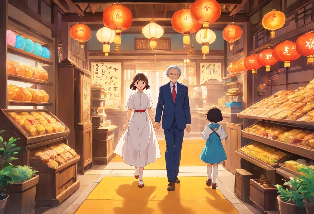 Mom wears a long white dress,Dad in a shirt,The smiled happily,Grandpa wears a suit,Grandma was wearing a cheongsam,The whole family eats mooncakes at home,colorful kids book illustration,White basemap,