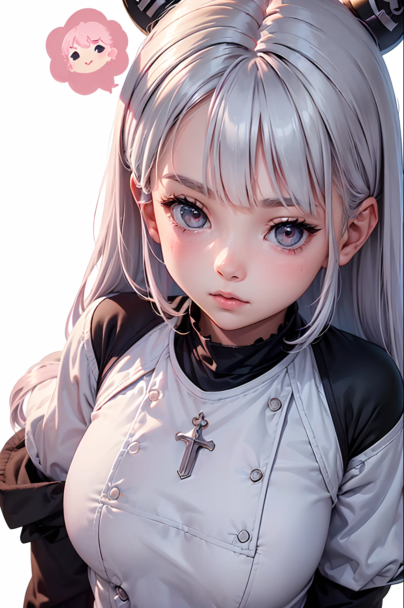 (character sheet:1.5),(Character design for animation:1.5), (sketchpad:1.5,)(((Girl's face))), close-up, reference sheet, Simple background, White background, girl, (side view), (white theme), pendulum, Baby pink color hair, bob hair, bangss.