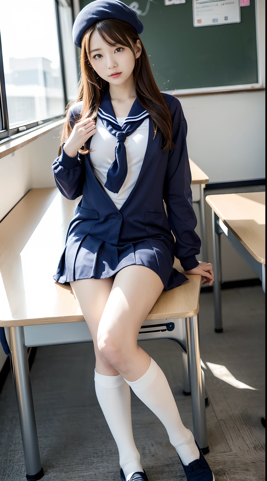 there is a woman sitting on a chair in a school uniform, a picture by Kim Myeong-guk, trending on cg society, shin hanga, japanese girl school uniform, wearing school uniform, wearing japanese school uniform, cute schoolgirl, korean girl, japanese school uniform, wearing a school uniform, school girl, a hyperrealistic schoolgirl, realistic schoolgirl