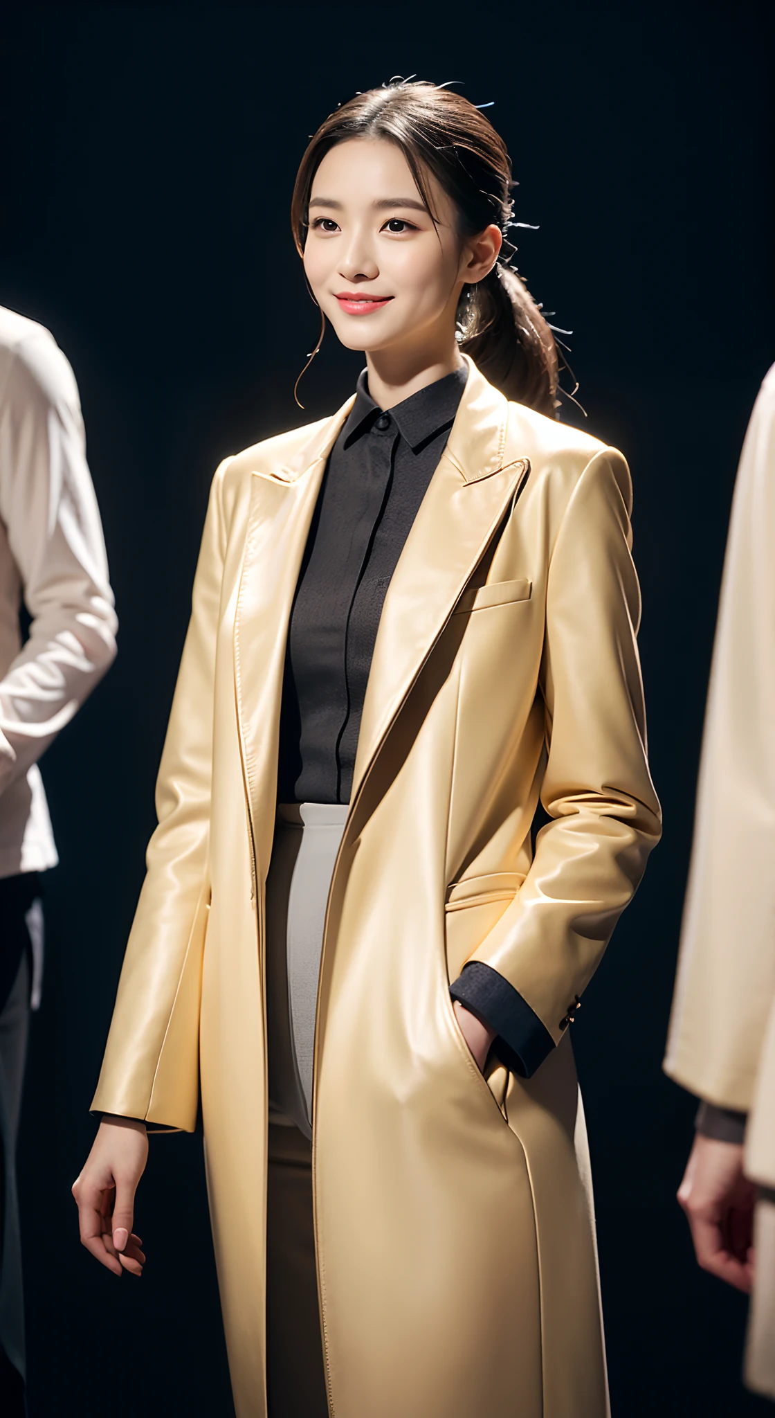 (8K分辨率,Full-body photos),(1womanl,age 22,((rosto magro,Flushed face,delicated face,详细的脸),Slightly squinted eyes,Seductive smile,(Single ponytail,Long hair micro-curls)),Fair smooth skin,(Best Skin Type:1.21),busty figure,((Bespoke slim suit,White shirt,No underwear,denim pant,Leather boots(High-grade materials,knitting,real silk,leathers),Thin band,Metal necklace,jewely),Tall and tall,(dancing posture,Naturally placed hands),delicate artwork,perfect hand,Ultra-fine clothing material),(Urban street background,Shuttling through the crowd,Exquisite setup details),(Professional lighting,Artistic lighting),((Dress neutrally,Material contrast,Fit contrast,Color contrast,Uniform tones,))),(Golden section,Cinema lenses,Hasselblad photograp,tmasterpiece:1.3),(advanced art,High-end streetwear,Official propaganda,Art platform)