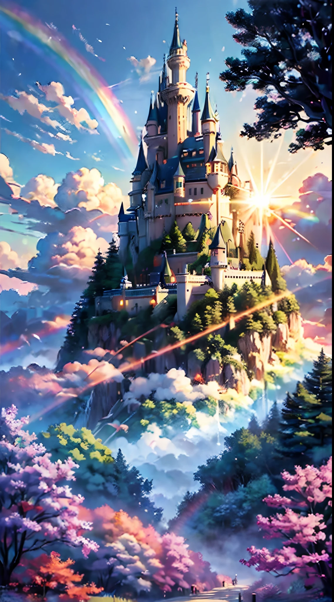 Miyazaki style; The Perfect Rainbow, like a road between fluffy real white clouds;, Sun, Everything sparkles; juicy bright colors; Below is a fairytale forest, A magical land, A small castle on a hill; Flying Cartoon Dragon; high quality textures, Realistic clouds, High-quality realistic rainbow; A lot of small details of the environment; hight resolution