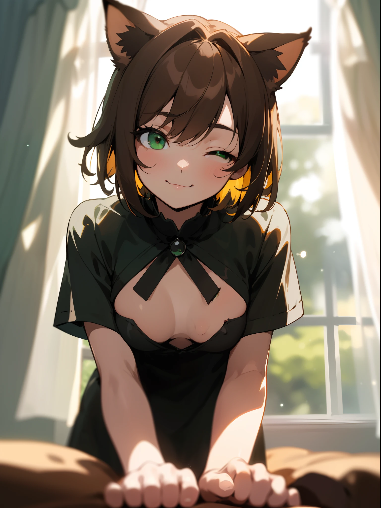 depth of field, perfect lighting, light particles,(best quality),(masterpiece),(ultra detailed),sharp focus, puck, :3, green eyes, brown hait,short hair, cat ears, smile, solo, pov, close-up, upper body, windows, curtains, bedroom, all fours, one eye closed,20 years old,medium breasts