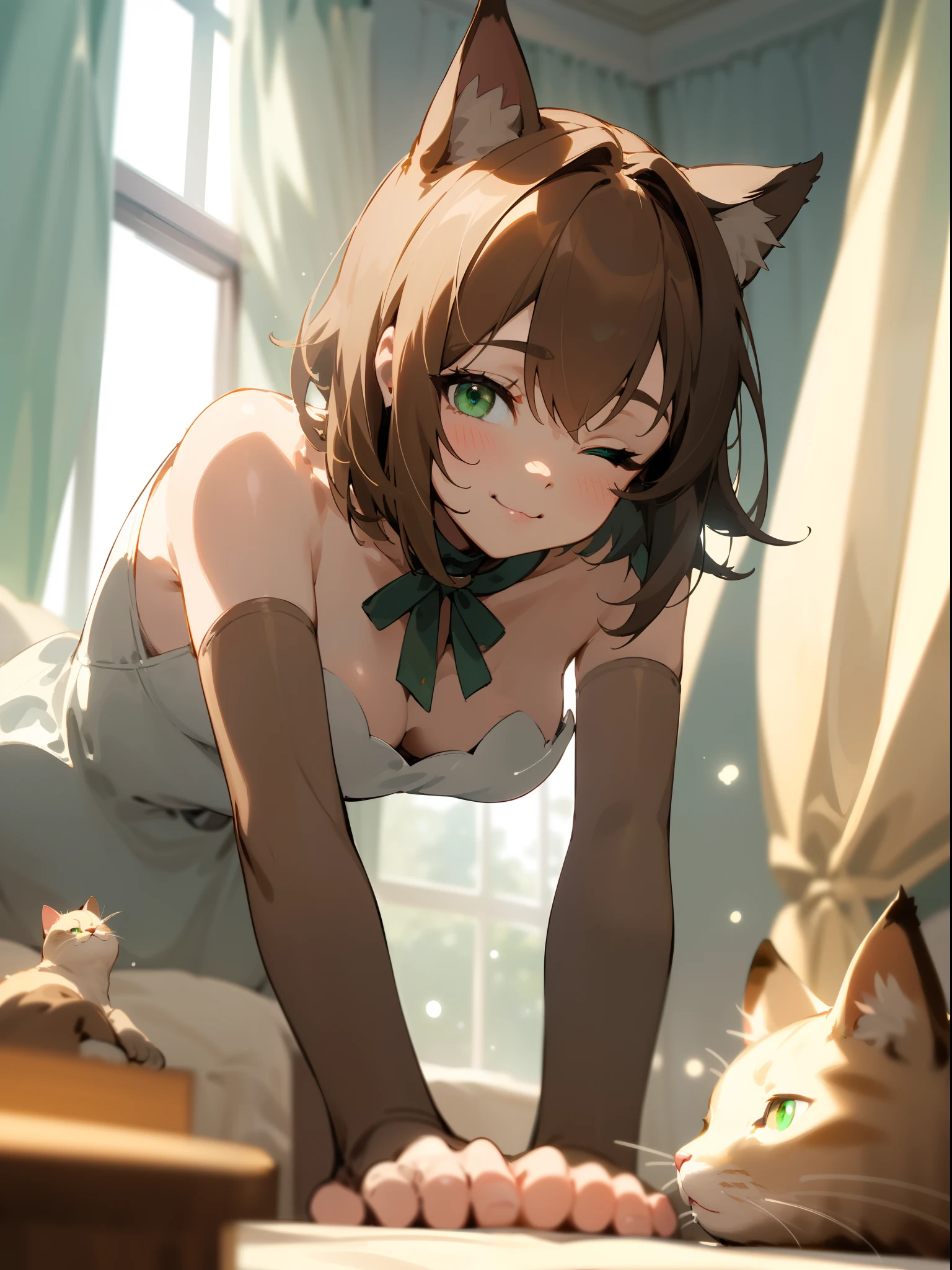 depth of field, perfect lighting, light particles,(best quality),(masterpiece),(ultra detailed),sharp focus, puck, :3, green eyes, brown hait,short hair, cat ears, smile, solo, pov, close-up, upper body, windows, curtains, bedroom, all fours, one eye closed,20 years old,medium breasts