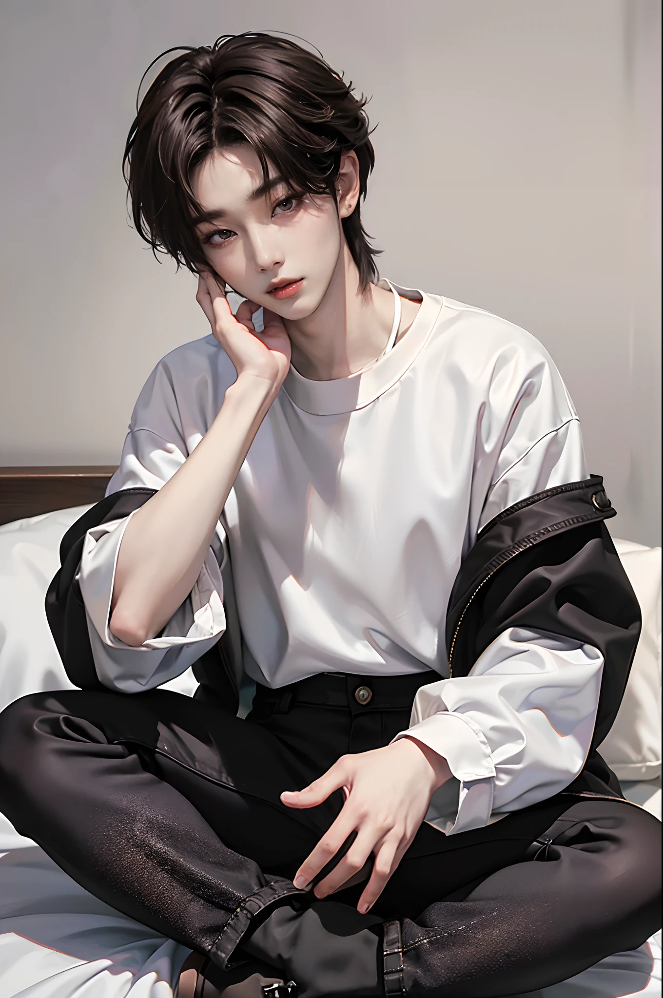 ​masterpiece、（top-quality)、((high-level image quality))、One Manly Boy、Slim body、((White Y-shirt and long black pants:1.1))、(Detailed beautiful eyes)、In the Han River、Face similar to Chaewon in Le Selefim、((short hair above the ears))、((Smaller face))、((Neutral face))、((Light brown eyes))、((Korean boy))、((18year old))、((Handsome man))、((Wild look))、((Korean Makeup))、((elongated and sharp eyes))、((Take a selfie))、((Shooting from close range))