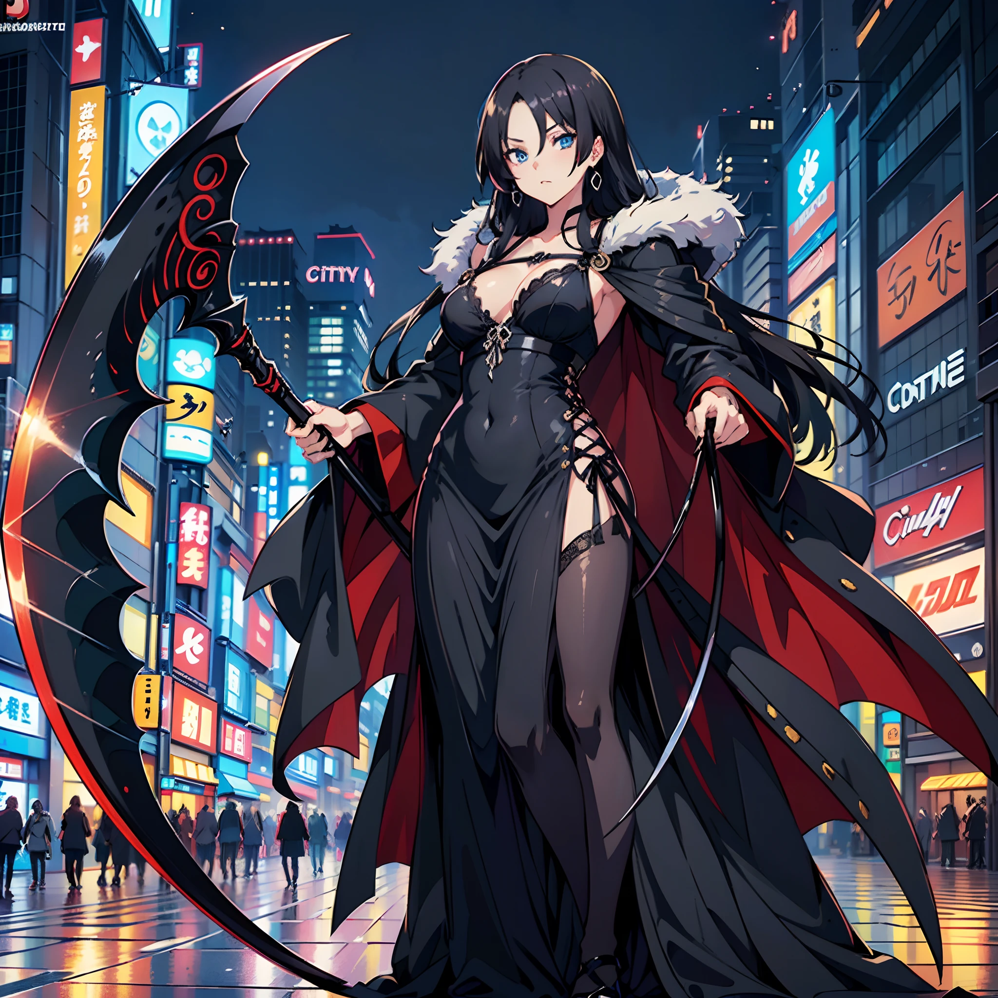 ((masutepiece, Best Quality:1.37)), ((Holding the Grim Reaper's Scythe)), ((Dress up in a full-length black dress)), ((The Strongest Grim Reaper Ever)) , hight resolution, Ultra-detailed, ultra-sharp,BREAK, 1girl in, Jewelry, earrings, ((Blue eyes, Black hair,Long hair)), ((Like a very beautiful girl in Japan),Piercing, ((Dress up in a detailed black dress:1.3)), (Intensely seductive eyes), (nice appearance, detailed clothes), ((small tits)), ,Standing, detailed human hands, HDTV:1.2, ((More on the city background of Tokyo:1.3)), 8 life-size, slender, Perfect Anatomy, perfectly proportions,
